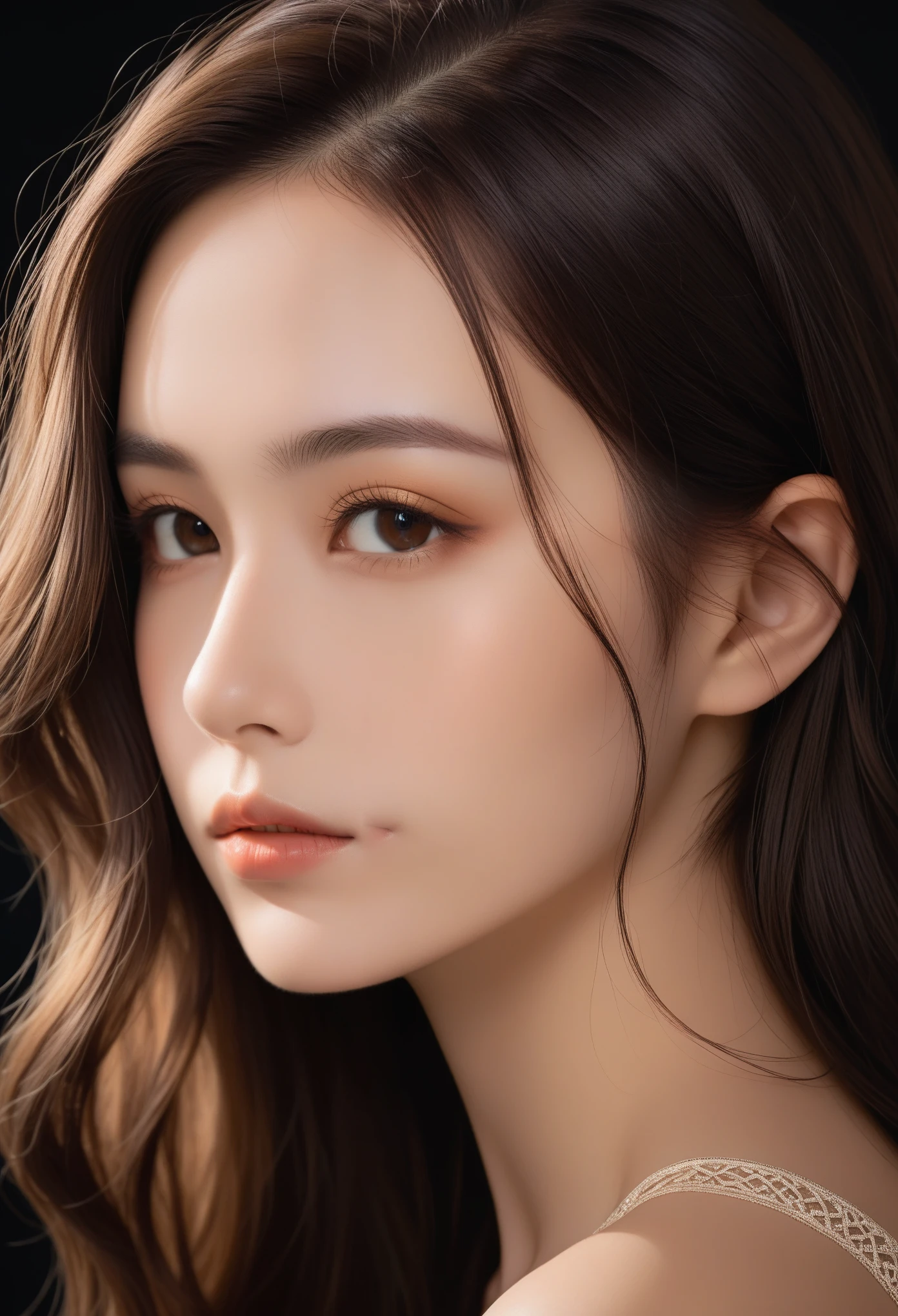 Photograph a 20-year-old girl in a half-body portrait,emphasizing the fine details of her appearance. Utilize the high-resolution capabilities of a Hasselblad camera to capture the intricate textures of her skin and the flow of her long hair. Choose a simple yet luxurious solid-colored background to draw attention to the subject. The lighting should be crafted to accentuate the contours of her face and the natural sheen of her hair,making every detail pronounced and vivid. The overall composition should convey a sense of elegance and refined beauty,focusing on the unique features that make her portrait stand out,