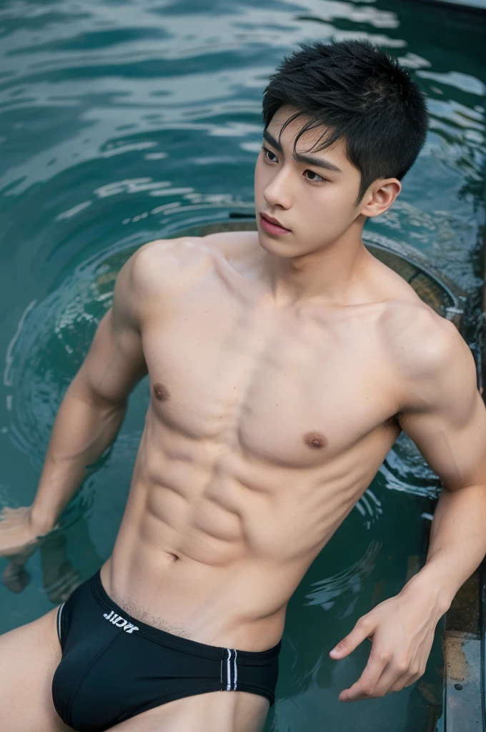 1boy,asian young man, muscular,twink,normal body, jockstrap, in the water,