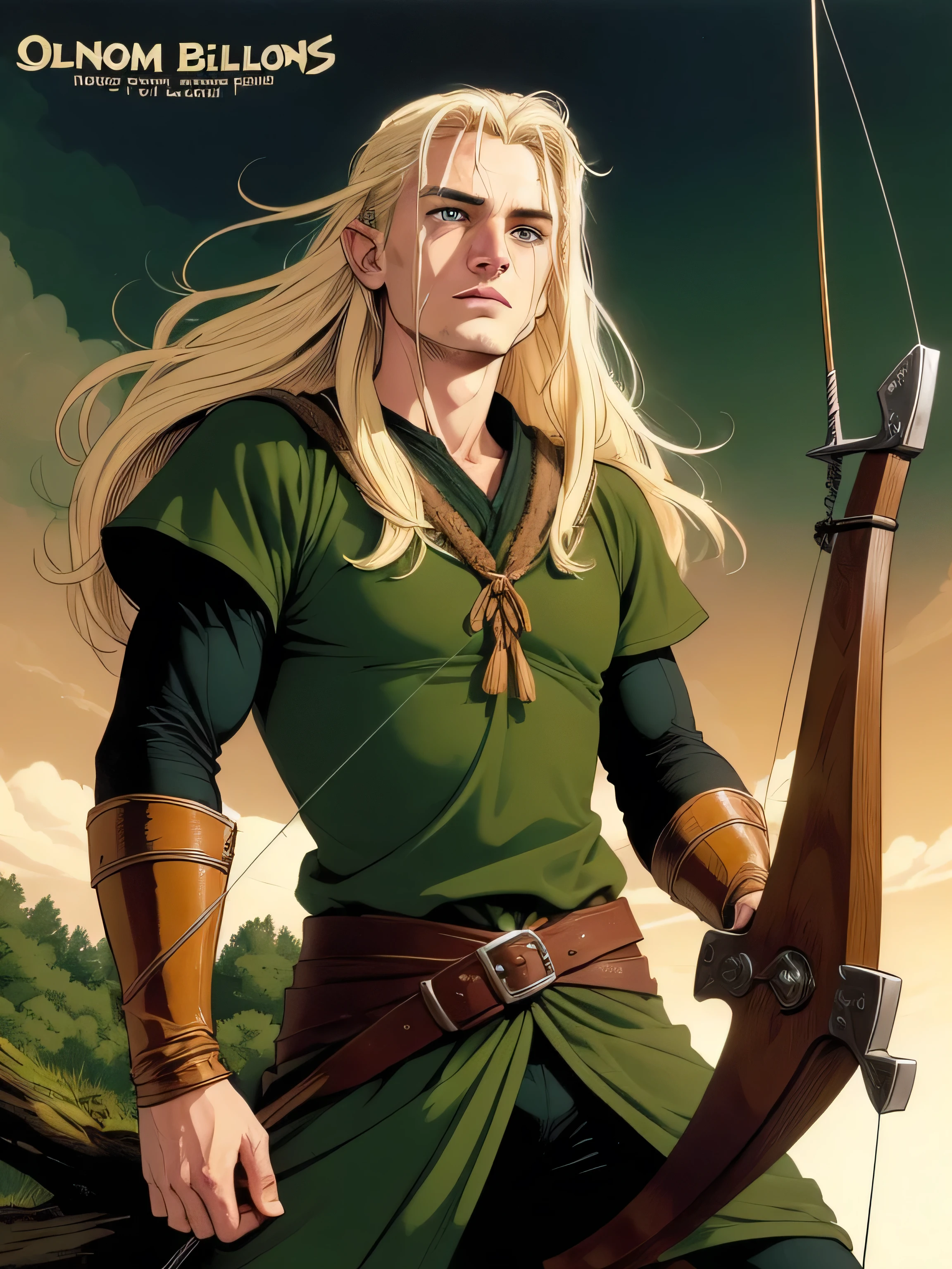 (((COMIC STYLE, CARTOON ART))). Legolas looking up front. Half body, he is ON FOREST, blonde elf warrior guy (((archery))), in full medieval elfic combat costume. Full growth in the frame. higly detailed. Legolas Lord of the rings character, (((Orlando Bloom face))), calm face