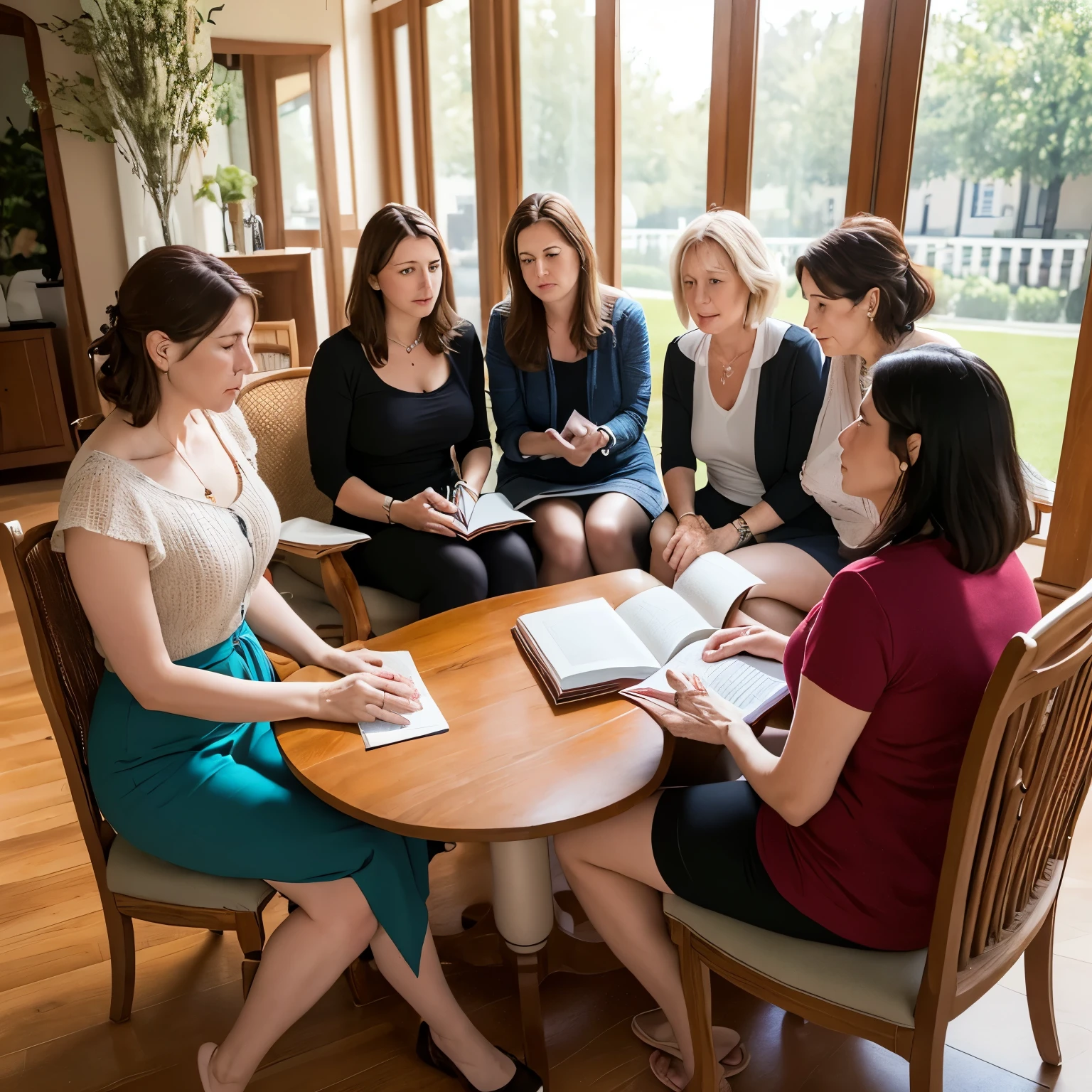 (group of women of middle age gather in circle to read and talk), ((European style)), ((best quality)), (masterpiece), ((detailed)), (HD 4k)