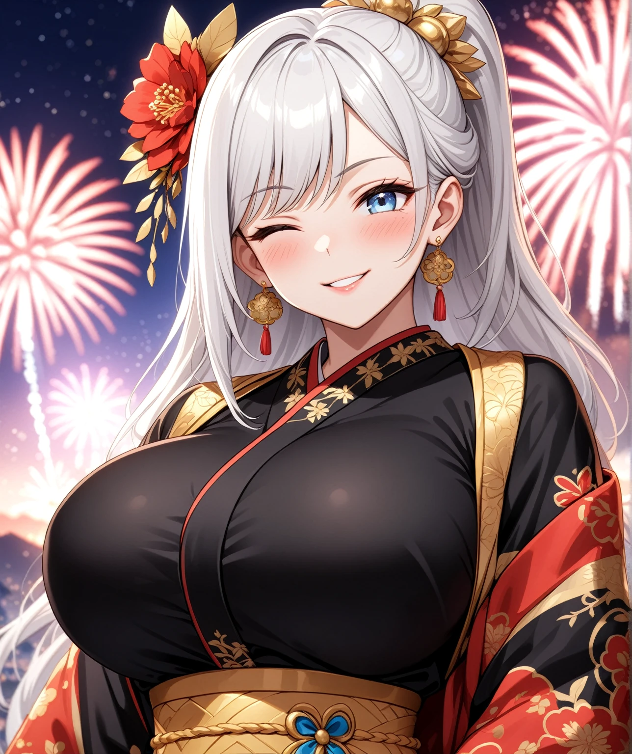 ((one personの女性)), Beautiful Face,Expressions of embarrassment and kindness,Laugh shyly,((Wink:2.0)),turn bright red,Glossy pink lips,night,Fireworks mountain((Anime style background)),masterpiece, highest quality, so beautiful, up to date, Complex details, (Pink long nails),AI-generated, Complex,High resolution, highest quality, super high quality,3D Images、View your audience、3D Images,one person,Long white hair,High Ponytail,blue eyes,Anime woman posing for a photo, [[fine grain、Colorful eyes、Shining Eyes:1.15]],(Squint your eyes:1.1),a hyperRealistic , hyperRealistic , Realistic,Long haired white haired anime woman, Smooth anime CG art, A woman in a colorful kimono with gold embroidery, (Black kimono),Red floral pattern,Long flower hair ornament,Big earrings,(Big Breasts:1.2),Mature Body,expensive,Big Ass,Fine details,Tight waist,Abdominal muscles,(Face close-up:1.5),