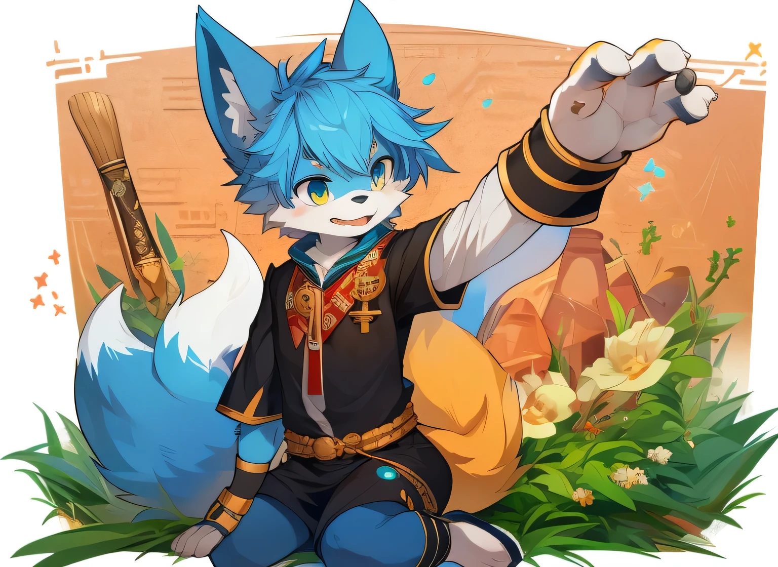 Blue fur, Canine, fox motif, boy, uniform,expensive,Age: 15,Egypt,