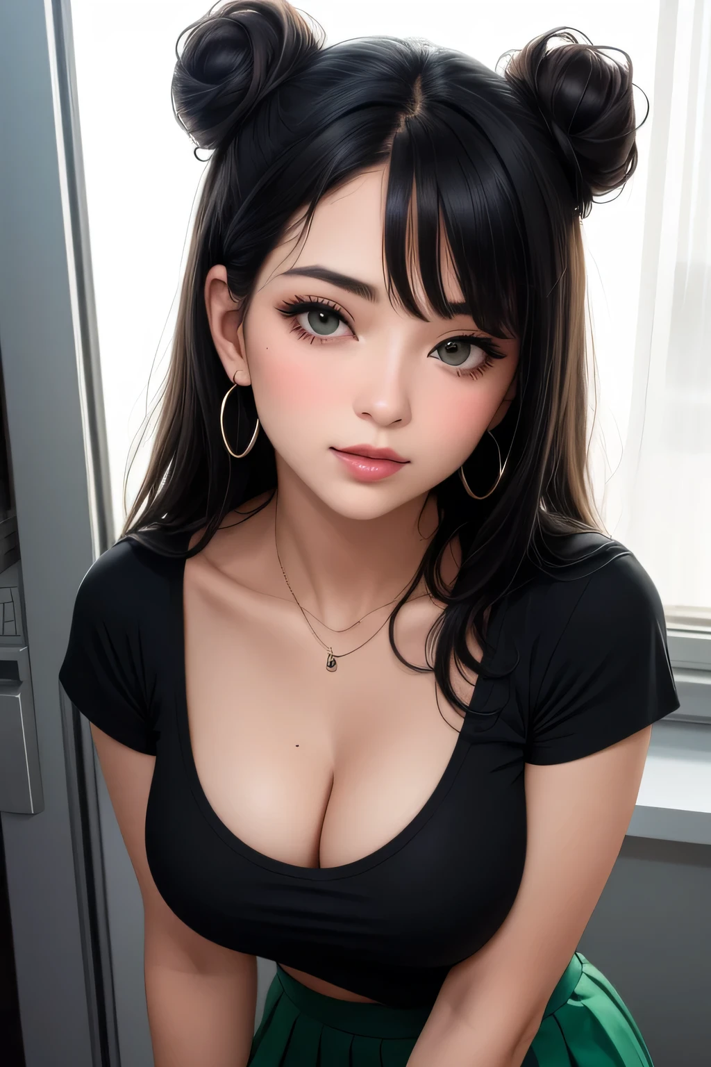 Amazing portrait of a sexy and woman with a beautiful face with seductive eyes gazing intensely at me with her soft lips parted in anticipation of a kiss which is making her blush intensely her lips are also curved in a soft smile she has her luscious black hair in a cute bun wearing a black and white striped t shirt and a dark green skirt paired with some elegant earrings her t shirt showing her medium chest and perfect body off