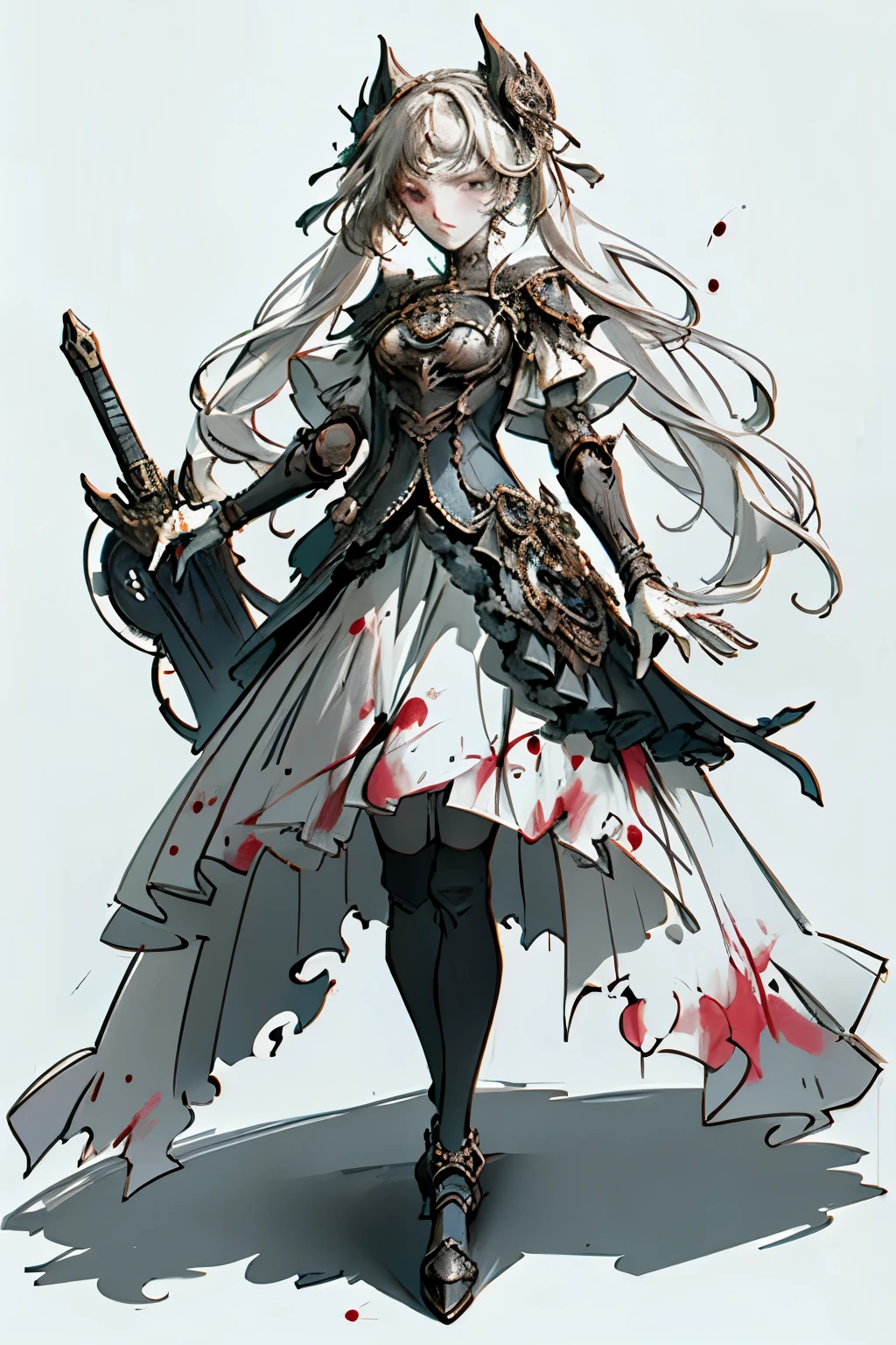 ((best quality)), ((masterpiece)), (detailed), blank white background, plain background, white background, Bloodborne inspired, occult aesthetic, occult, detailed and intricate steampunk and detailed gothic, (zentangle, mandala, tangle, entangle), NSFW, torn clothing, Very dramatic and cinematic lighting, cosmic horror, grim-dark, side-lighting, perfect face, a beautiful goddess adorned and enshrined in armour, Bloodborne inspired , occult aesthetic , occult , detailed and intricate steampunk and detailed gothic , wielding a sword and holding a shield, NSFW, Fluttering lace flared long knee length dress with frilly petticoats, knee length dress, pleated petticoats, ta dress, petticoats gothic loliside-lighting, gothic lolita aetic, beautiful small breasts, small breasts, full body, whole body, body, plain background, white background, blank background, no background, white background NSFW, full body, whole body, head-to-toe