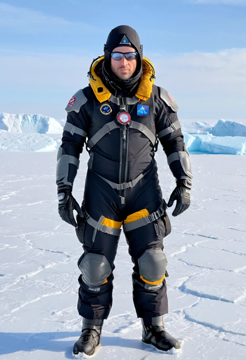 The style is realism, and scientists wear warm and tight combat suits, facing the threat of harsh weather and wildlife alone in the icy and snowy environment of polar bases. The background is polar ice and snow and cold weather, and the camera is full body, presenting an atmosphere of loneliness and challenge, (masterpiece, best quality, Professional, perfect composition, very aesthetic, absurdres, ultra-detailed, intricate details:1.3)