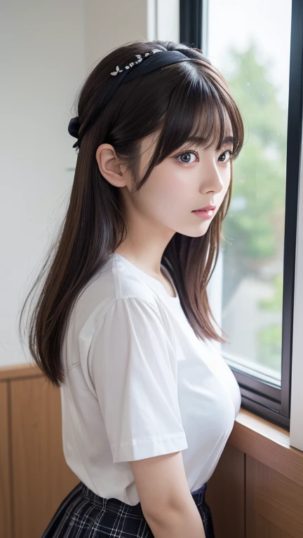 8K、Detailed Description、Very high definition、Realistic、reality的、Real、live-action、reality、High resolution、Nogizaka46、japanese idol,beautiful girl、21 years old、Dark brown eyes、Standing on the windowsill、Angle from the side、profile、Turn your body towards the window、Looking at the window、Look outwards、Looking out the window、A face is reflected in the window、A melancholic look、Mouth closed、Long Hair、Headband、Knee-up-top angle of view、School、Standing by the window、Short sleeve shirt、Beige plaid skirt、Very black hair、pretty girl、Beauty、Glowing Skin、Glowing Skin、Shiny Hair、Very white skin、Heavy makeup、Large Breasts、Slit eyes、Big Eyes、Double eyelids、Don&#39;t show your teeth、Side view angle、