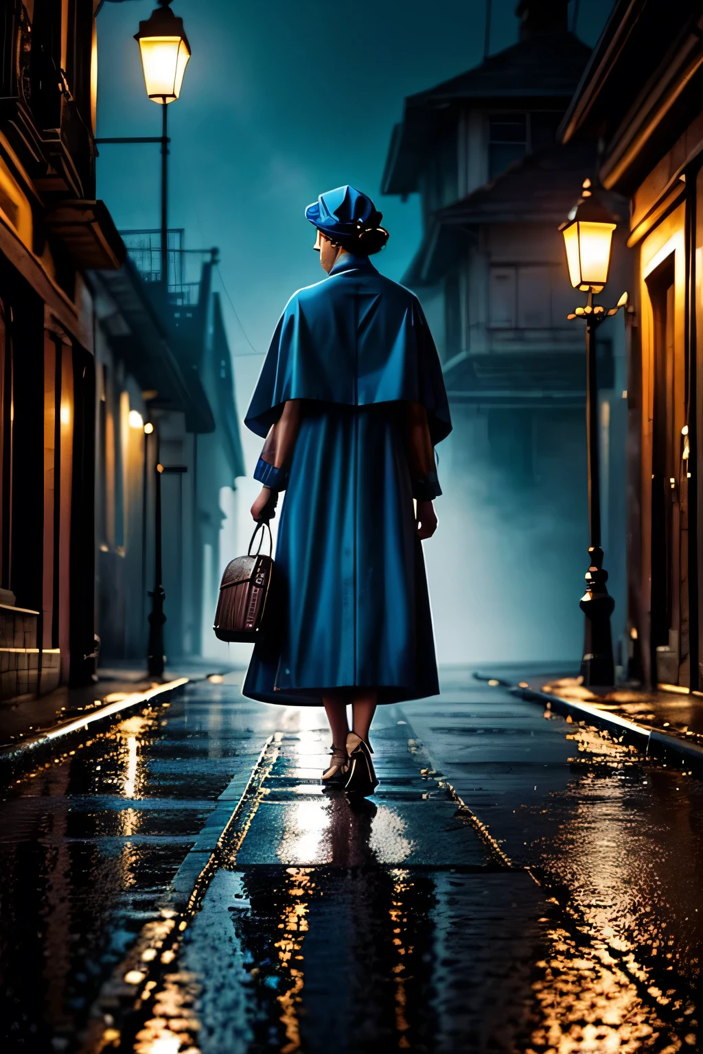Generate a masterful art piece showcasing a mystical and evocative scene set on a dimly lit, antiquated street. Prominently featured is a close-up of a woman, elegantly attired in blue vintage clothing, taking a departing stride while carrying a suitcase, evoking an air of quiet anticipation or adventure. A veil of mist permeates the atmosphere, enshrouding the scene in an enigmatic aura. In the distant background, another figure is vaguely discernible, continuing their journey. To the right of the image, a partially illuminated old callbox adds a touch of nostalgia. The ground beneath seems recently wet from rainfall,
