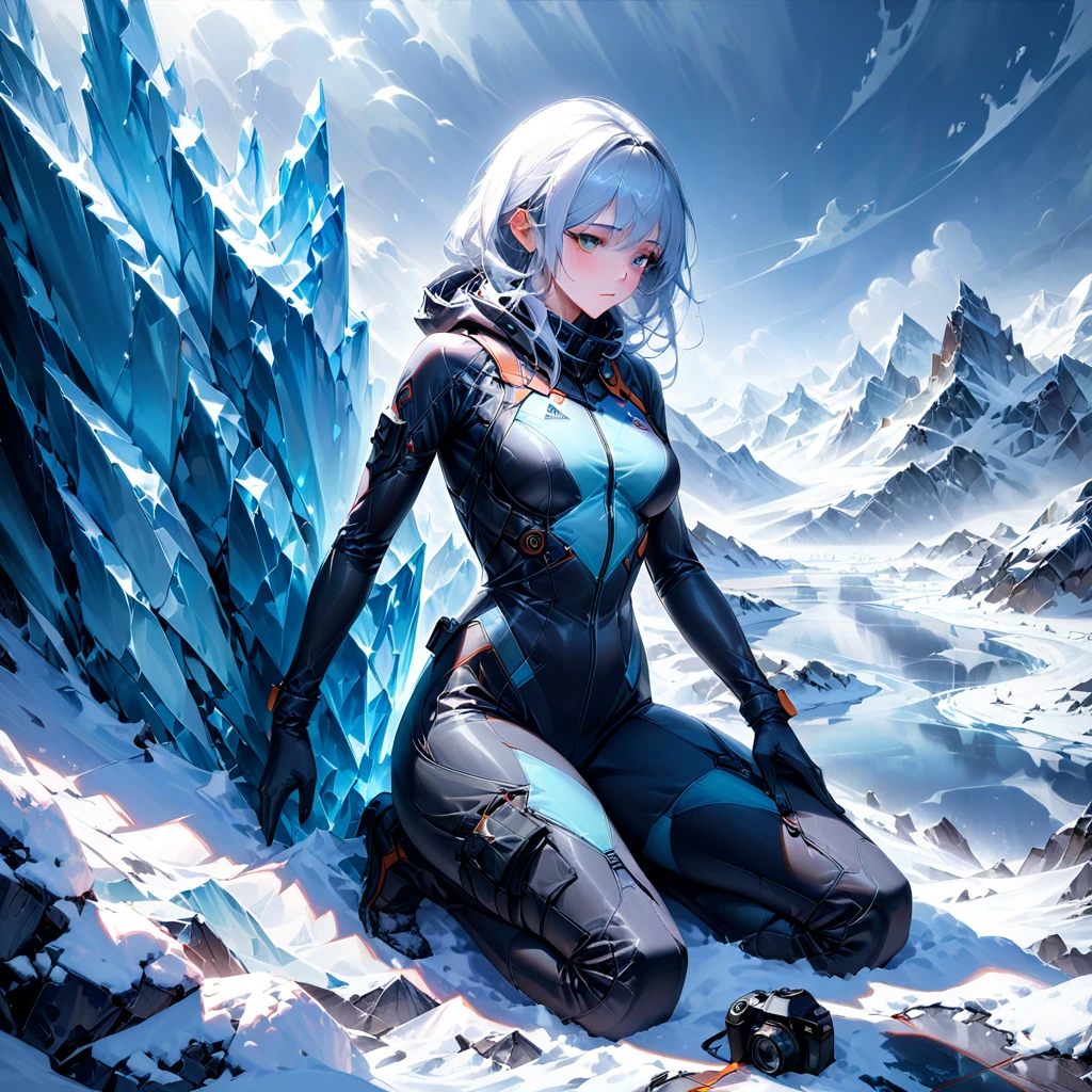 The style is realism, and scientists wear warm and tight combat suits, facing the threat of harsh weather and wildlife alone in the icy and snowy environment of polar bases. The background is polar ice and snow and cold weather, and the camera is full body, presenting an atmosphere of loneliness and challenge, (masterpiece, best quality, Professional, perfect composition, very aesthetic, absurdres, ultra-detailed, intricate details:1.3)