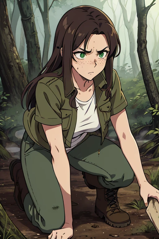 -Anime Style- -High Quality- -work of art- A beautiful woman, dark tied hair, green eyes, freckles, a scar on her face, dirty, wearing a dirty white t-shirt, with a worn jacket, long torn and dirty pants, military boots, serious expression, training in a burned forest
