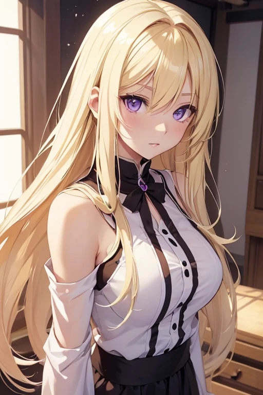 (Blonde girl), (anime1), (pretty 22 year old), white skin color, long blonde hair, and purple eyes, (delicious)