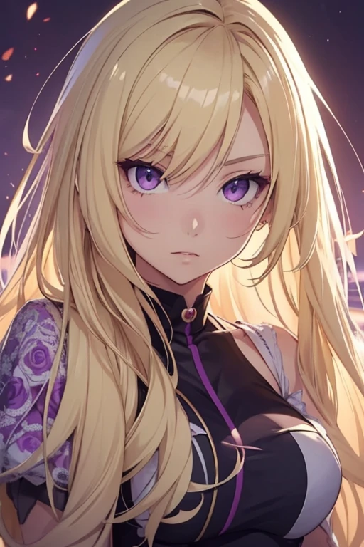 (Blonde girl), (anime1), (pretty 22 year old), white skin color, long blonde hair, and purple eyes, (delicious)