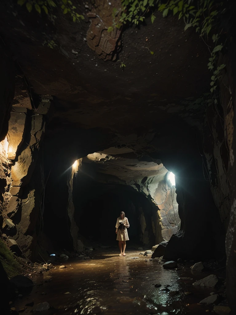 the cave that the explorers are investigating:
The cave is located in a remote and steep mountain range, hidden among dense forests. The entrance is narrow and dark, with imposing rocks on both sides that seem to guard the access. As you enter, the space gradually opens up, revealing large chambers with raised ceilings.
The limestone rock walls are covered in mineral formations that glow dimly, as if the cave housed its own light source. The ground is full of stalactites and stalagmites, some as tall as trees. An underground stream flows through the cave, generating the constant sound of flowing water.
As the explorers go deeper, they encounter increasingly intricate and narrow passages, forcing them to climb, descend, and avoid obstacles. In some places, the cave divides into multiple tunnels that fade into darkness, tempting adventurers to explore further.
The air is cold and damp, and the echo amplifies every sound, creating an atmosphere of mystery and anticipation. Explorers must maintain constant vigilance, alert for any danger hidden in the shadows of this ancient and enigmatic underground space.
 30 years old, a barefoot girl