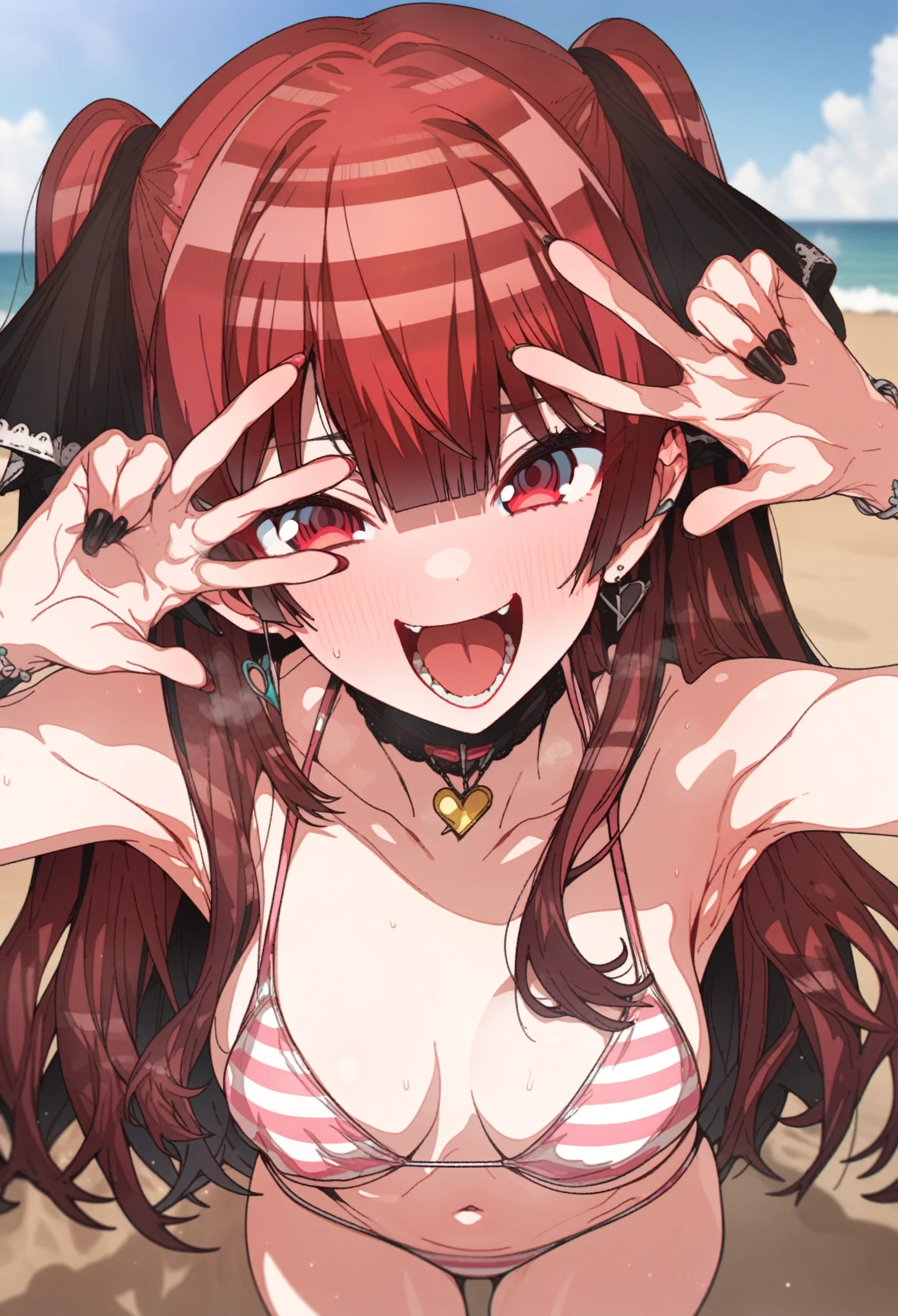 houshou_marine, Artist, erere, Copyrights, idolmaster, idolmaster_shiny_colors, Character, General, 1girl, red_hair, blunt_bangs, blush, large_breasts, breasts, smile, brown_eyes, censored, long_hair, striped bikini, pink_bikini, frilled_bikini, navel, open_mouth, raised_eyebrows, teeth, two_side_up, ((full_body)) (on_back,), sky, [detailed, sand, outdoors], looking_at_viewer, facing_viewer, masterpiece, best_quality, great_quality, girl, solo, center_composition, centered character, breath, v_over_eye:0.5, double_v, idol

