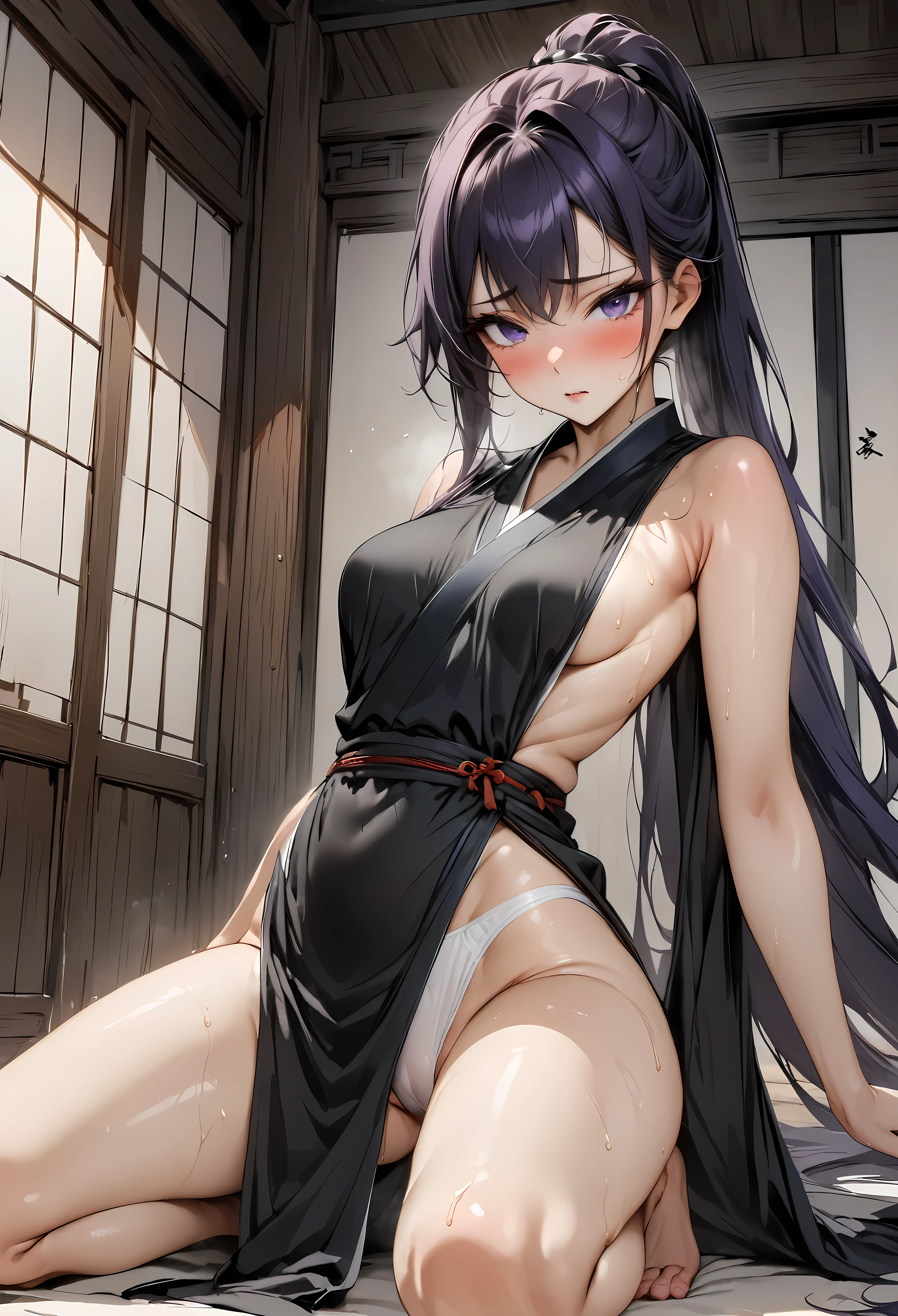 ((masterpiece, highest quality:1.3)),nsfw,cowboy shot,18 year old beauty,solo,((very small head)),dark purple hair,ponytail hairstyle,ponytail hair,.long hair,bangs,purple eyes,blush,shy?medium breasts,(((very long body,slender body))),skinny,gleaming skin,oily skin,sweat,(Ninja costume、Black kimono,mini skirt)、No sleeve、White panties、Wet crotch、barefoot、kneeling,spread legs,Japanese-style room、