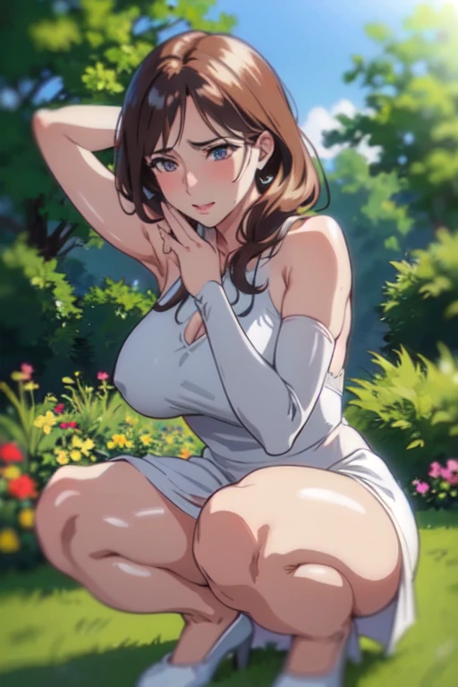 a woman, galgadot in white silk dress, garden, bokeh,  sharp focus , photo realistic, realism, UHD, (reallistic:1.2), (masterpiece, best quality, high quality, highres), raw, bokeh,  sharp focus , photo realistic, realism, UHD, (reallistic:1.2), (masterpiece, best quality, high quality, highres), raw photo photo, saramorris style,   detailed skin texture, (blush:0.5), (goosebumps:0.5), subsurface scattering, squatting down, ????????????, showing wet ?????, no penties, ???????????? 