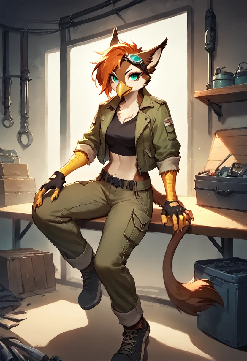 score_9, score_8_up, score_7_up, score_6_up, score_5_up, score_4_up, (solo), female anthro eagle gryphon, solo, workshop, long length orange hair, dark turquoise eyes, brown fur, beak, avian, sitting,  cargo pants, jacket, shirt, midriff, fingerless gloves, goggles, modern, [[subtle abs]]