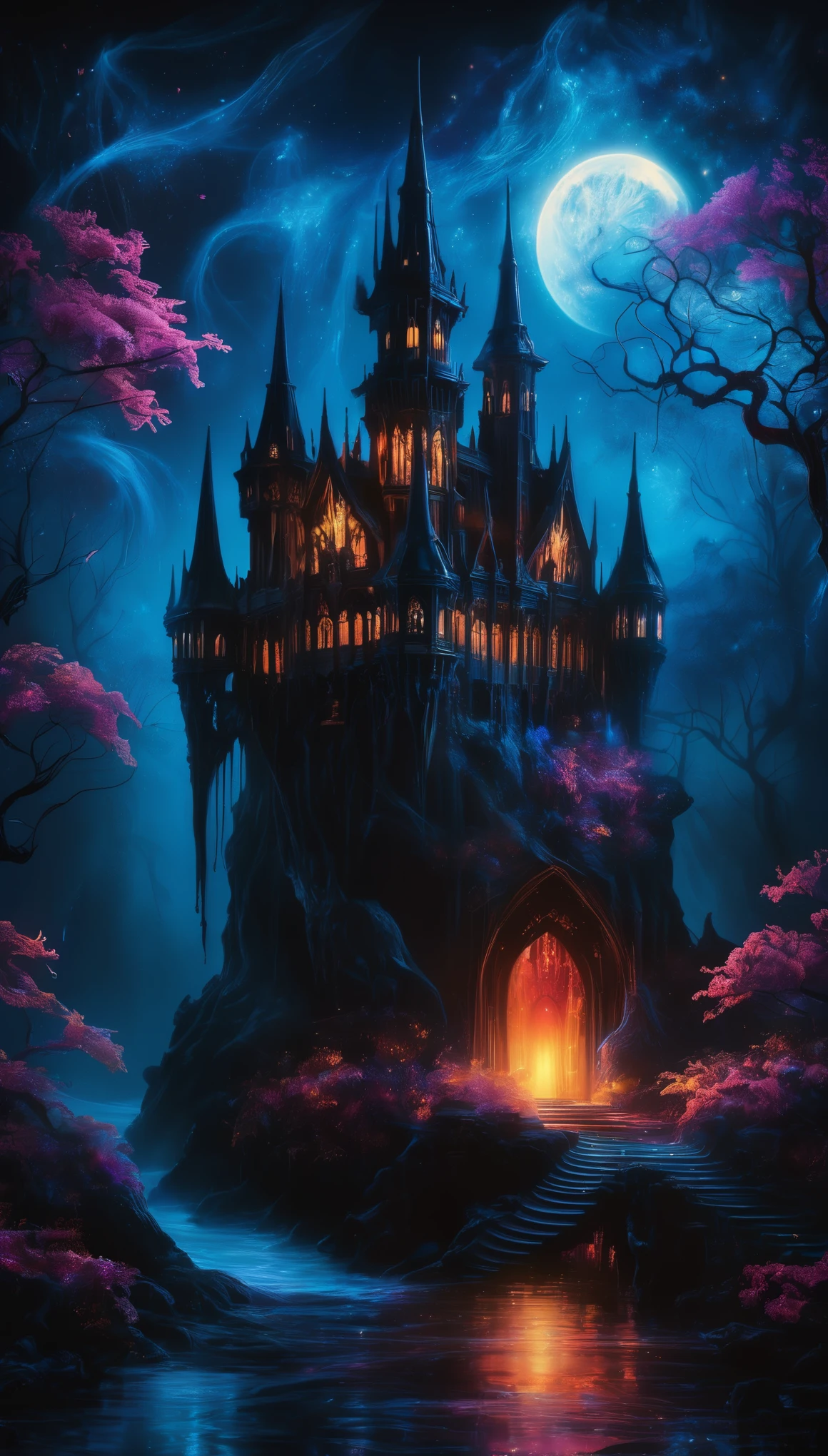 masterpiece of high-contrast shadow and light, a gothic castle sitting on edge of a forbidden mystical forest, moonlight, (fog and moonbeams:1.2), (pure black:1.3), and (darkness:1.3), mysticism, fantasy, gothic horror, glowing flora, magical phenomena, ultra realistic painting, intricate, High Detail, Sharp focus, realism, darkness.