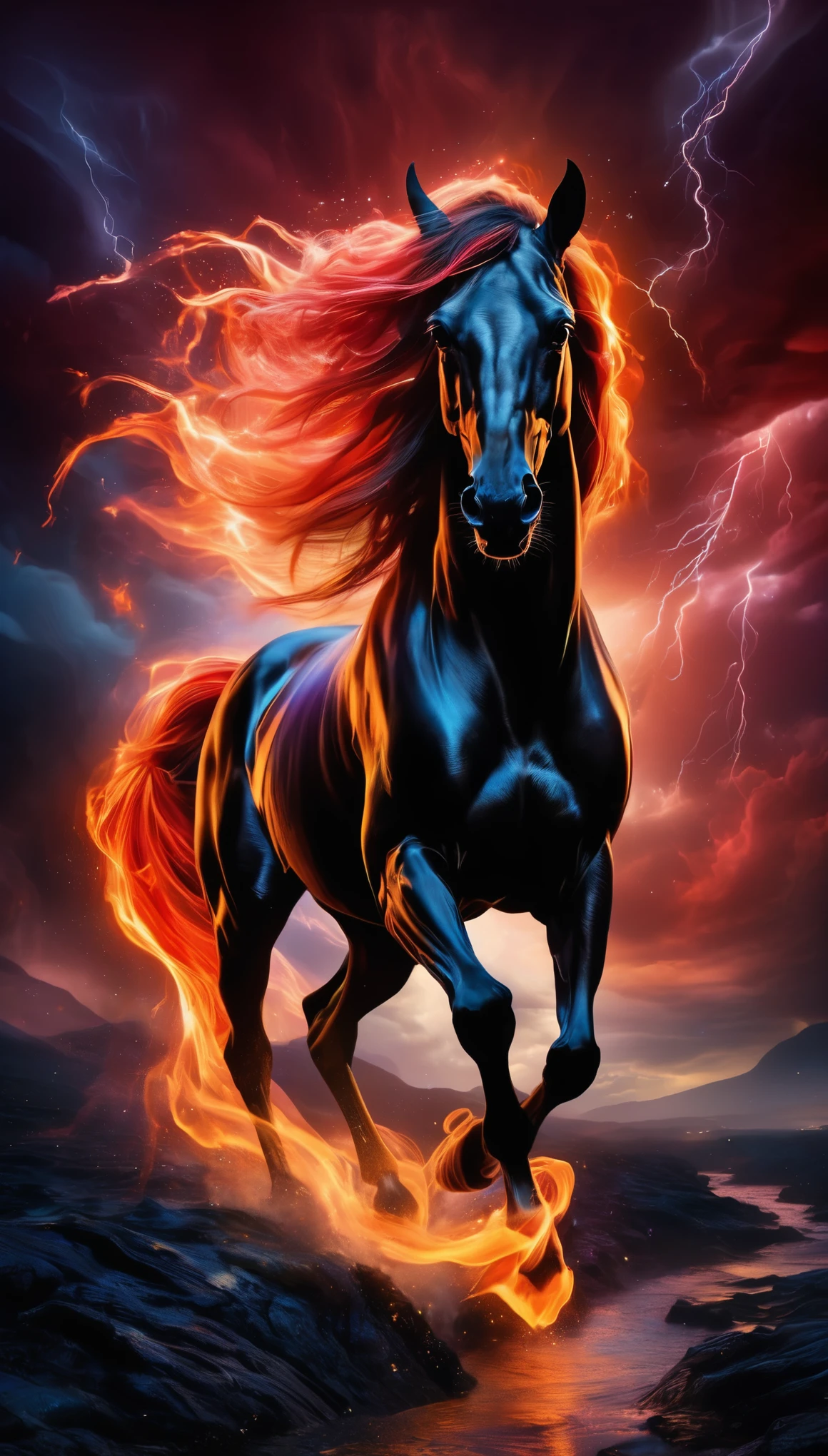 A visually striking dark fantasy portrait of a majestic horse galloping through a stormy, fiery landscape. The horse's glossy black coat is a stark contrast to its vivid, flame-like mane and tail, which seems to be made of real fire. Its glowing, fiery hooves leave a trail of embers behind, while its intense, glistening eyes reflect a fierce, unbridled energy. The background features a haunting, stormy red sky filled with ominous lightning, adding to the overall sense of mystique and intrigue. This captivating image blends the mediums of photo, painting, and portrait photography to create a unique, conceptual art piece.
