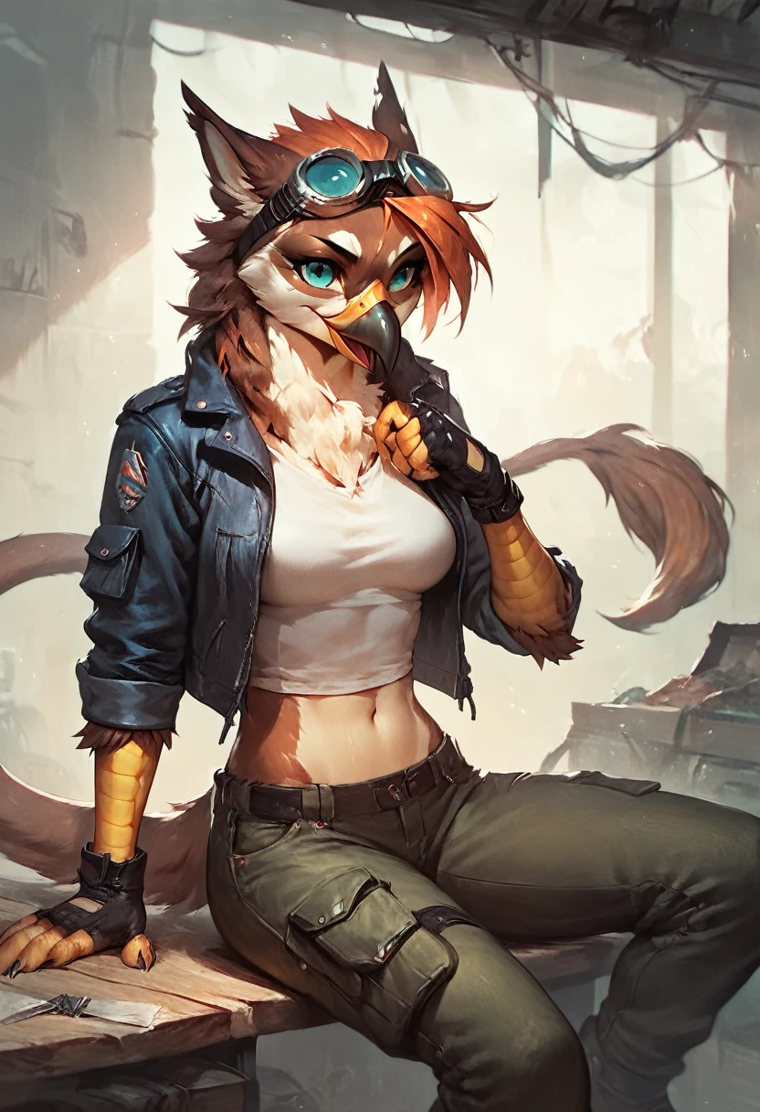 score_9, score_8_up, score_7_up, score_6_up, score_5_up, score_4_up, (solo), female anthro eagle gryphon, solo, workshop, medium length orange hair, dark turquoise eyes, brown fur, beak, avian, sitting,  cargo pants, jacket, shirt, midriff, fingerless gloves, goggles, modern, [[subtle abs]]