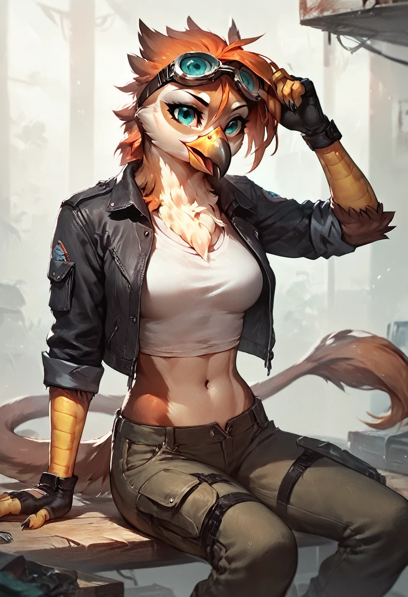 score_9, score_8_up, score_7_up, score_6_up, score_5_up, score_4_up, (solo), female anthro eagle gryphon, solo, workshop, medium length orange hair, dark turquoise eyes, brown fur, beak, avian, sitting,  cargo pants, jacket, shirt, midriff, fingerless gloves, goggles, modern, [[subtle abs]]