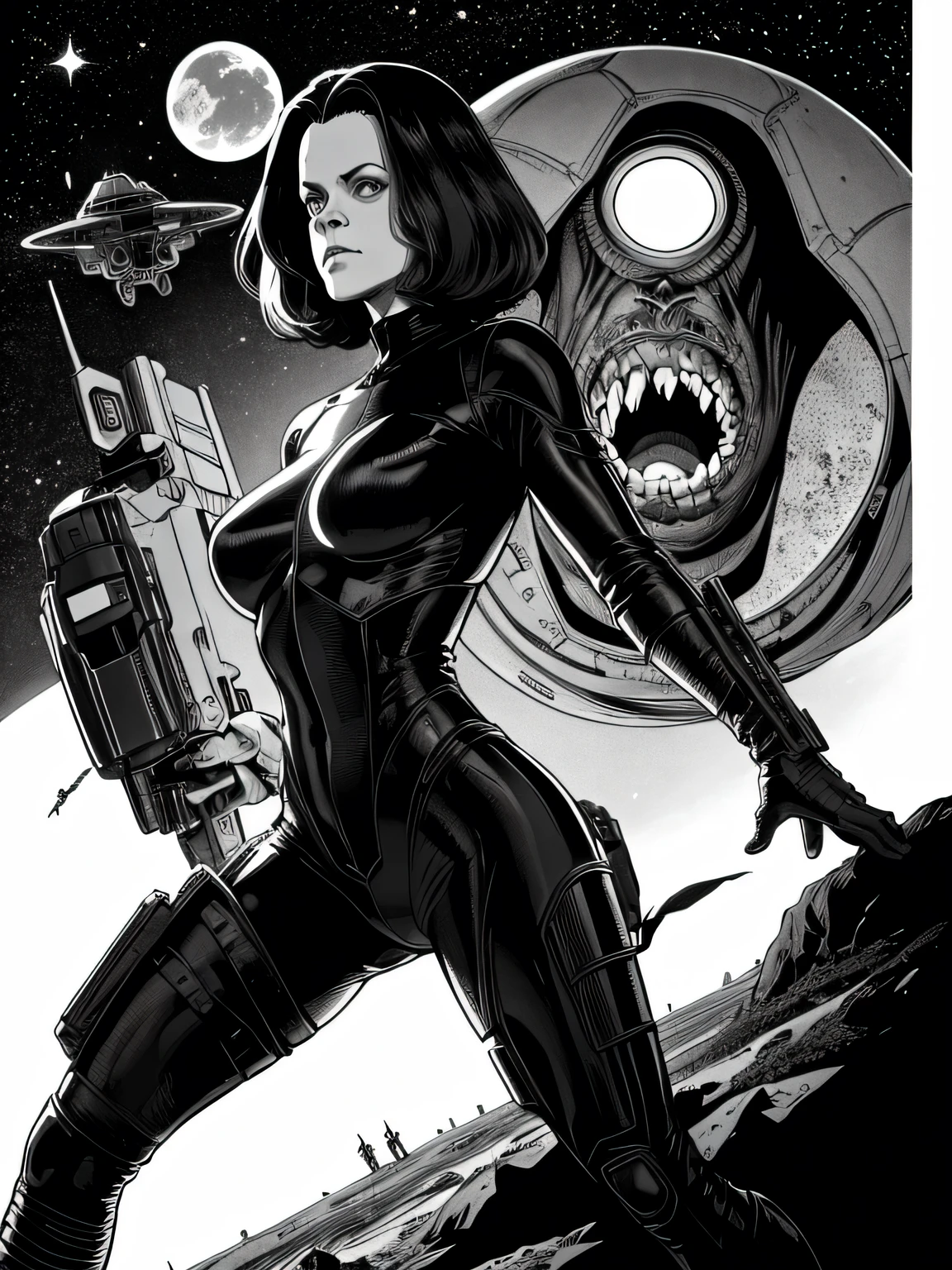 monster alien on the planet Sigourney Weaver she using a huge gun to kill alien, Bela arte de linha, black and white comic style, manga style, sexy manga art style, pencil and ink caricature drawing, black and white coloring,arte vector preto e branco