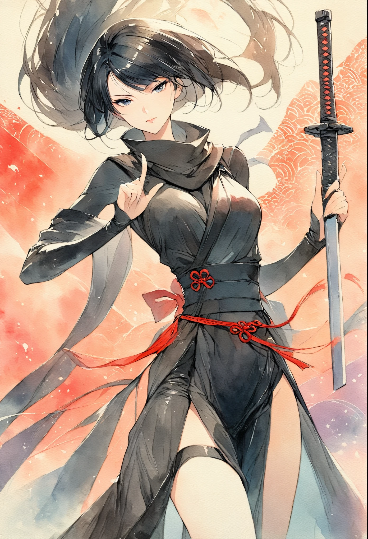 masterpiece, Best quality, Drawing of a black-haired futuristic female ninja illustration, watercolor (medium), 1girl, breast, Dressed in sophisticated modern ninja costumes，Equipped with traditional and technological weapons. She has long black hair，Tied with a red ribbon and a symbol。She must be wearing a high-end black outfit with red accents，These include letters. She was holding a sword，The hilt and scabbard have intricate patterns. The background is the Edo period, Five fingers, The index finger of the right hand points to the sky.