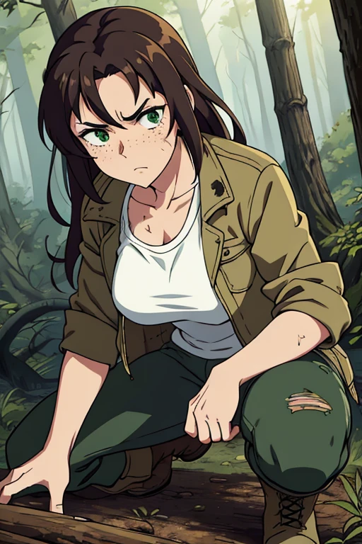 -Anime Style- -High Quality- -work of art- A beautiful woman, dark tied hair, green eyes, freckles, a scar on her face, dirty, wearing a dirty white t-shirt, with a worn jacket, long torn and dirty pants, military boots, serious expression, exercising in a burned forest
