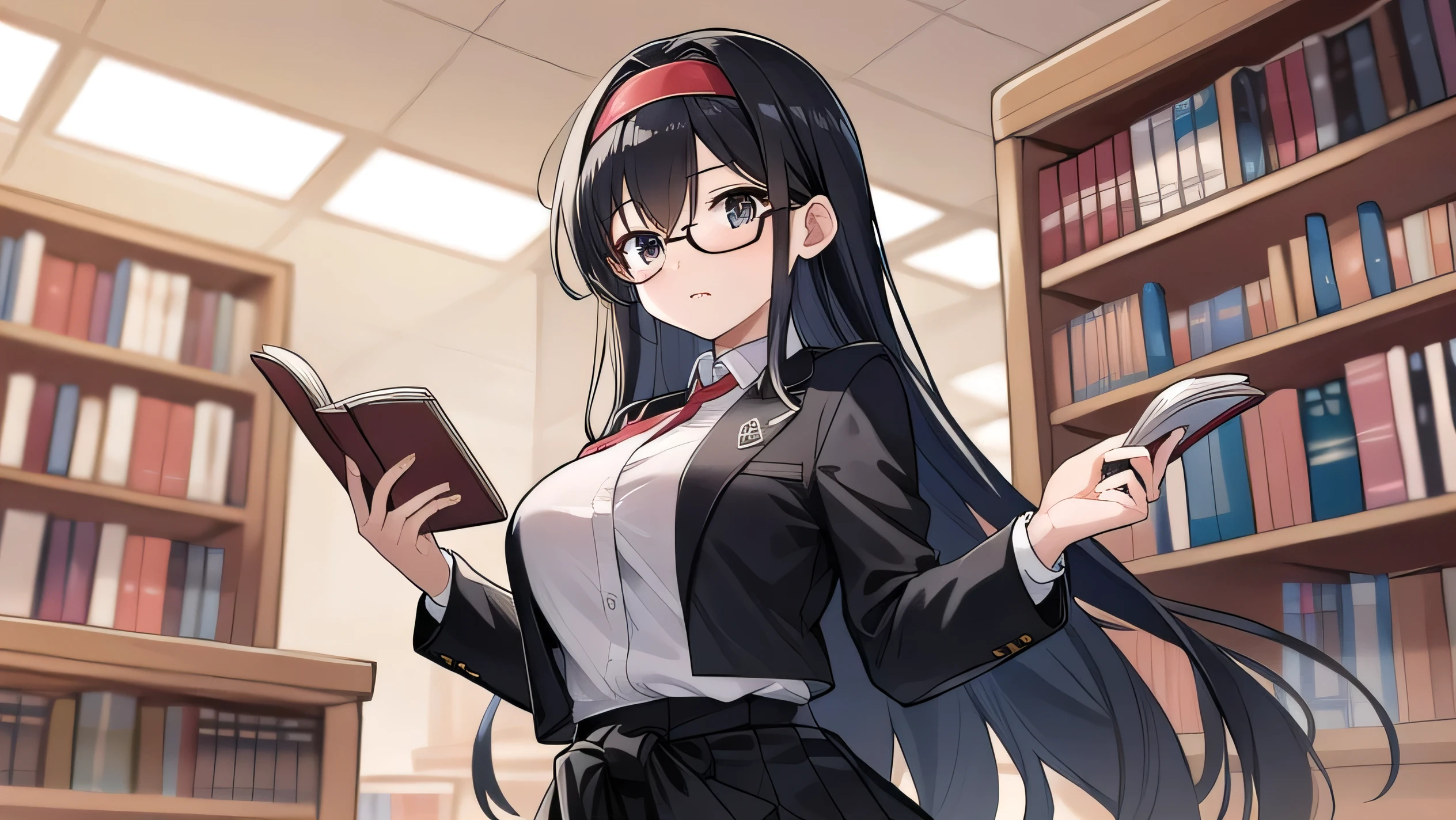 Wears glasses, elementary school student, black hair, black eyes, round, wears , is tall, is in the library, looks kind, has very large breasts, has long hair that reaches her waist, is reading a book, He has black hair but has a slight brownish tint, wears a headband, wears a black uniform, black skirt, white shirt, red tie, and black jacket., triumphant expression,,,,