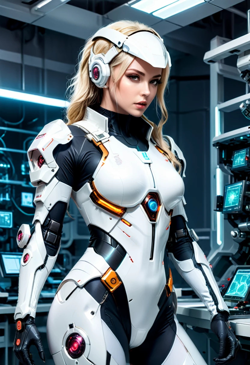 The style is cyberpunk, and researchers wear white tight combat suits to conduct dangerous laser weapon experiments in a laboratory filled with advanced mechanical equipment. The background is a laboratory full of technology, and the camera is panoramic, emphasizing the conflict between technology and human nature, (masterpiece, best quality, Professional, perfect composition, very aesthetic, absurdres, ultra-detailed, intricate details:1.3)