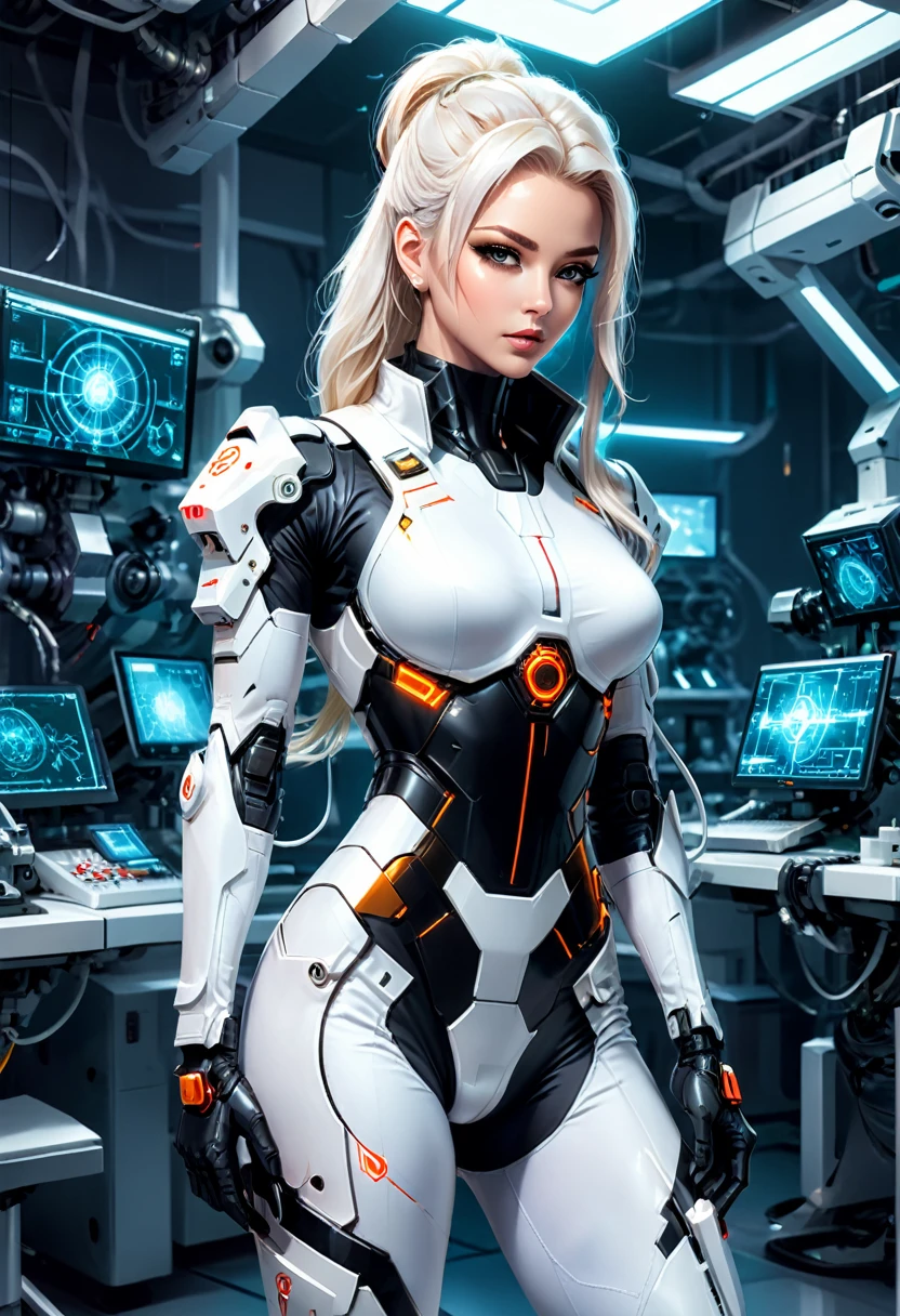 The style is cyberpunk, and researchers wear white tight combat suits to conduct dangerous laser weapon experiments in a laboratory filled with advanced mechanical equipment. The background is a laboratory full of technology, and the camera is panoramic, emphasizing the conflict between technology and human nature, (masterpiece, best quality, Professional, perfect composition, very aesthetic, absurdres, ultra-detailed, intricate details:1.3)