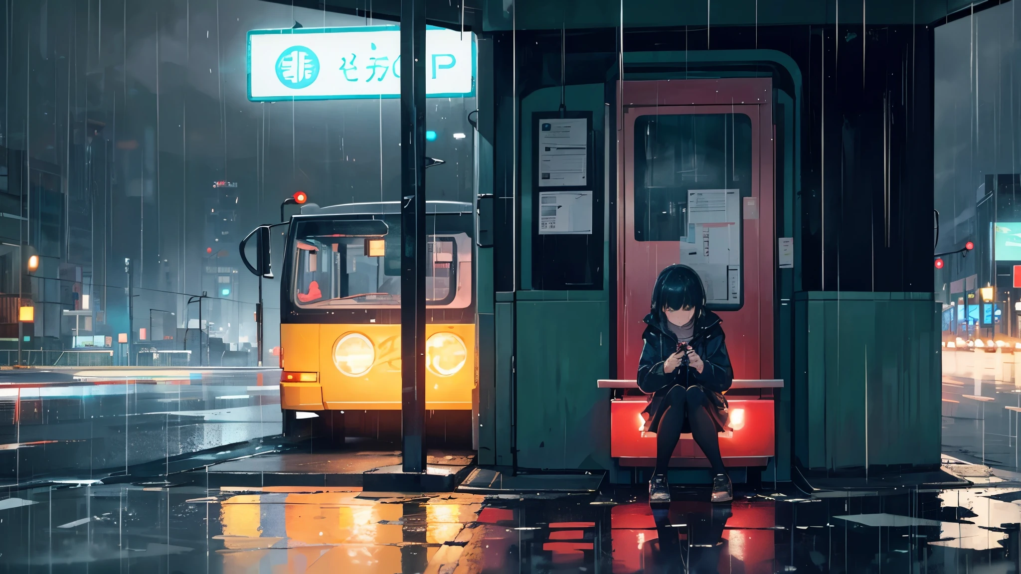 A young woman sits alone at a bus stop in the rain, waiting for a ride. The city lights reflect in the puddles, and the distant cityscape is illuminated by the streetlights. The bus has just departed, leaving her to wait in the solitude of the night. She looks lost in thought, her eyes gazing out at the rain-soaked streets. She seems to be lost in her own world, waiting for something or someone to come along. The image is full of melancholy and quiet beauty. This image could be used to represent loneliness, reflection, and the passage of time. It could also be used to evoke feelings of peace, tranquility, and hope.