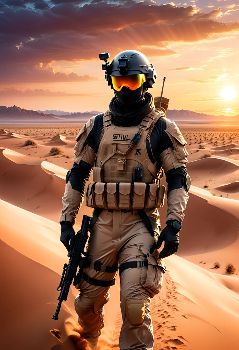 The style is realism, and soldiers wearing desert camouflage tight combat suits are patrolling military bases under sand dunes. The background is endless desert, magnificent sunset, and wide sand dunes. The camera is panoramic, and the composition highlights the atmosphere of vastness and loneliness, (masterpiece, best quality, Professional, perfect composition, very aesthetic, absurdres, ultra-detailed, intricate details:1.3)