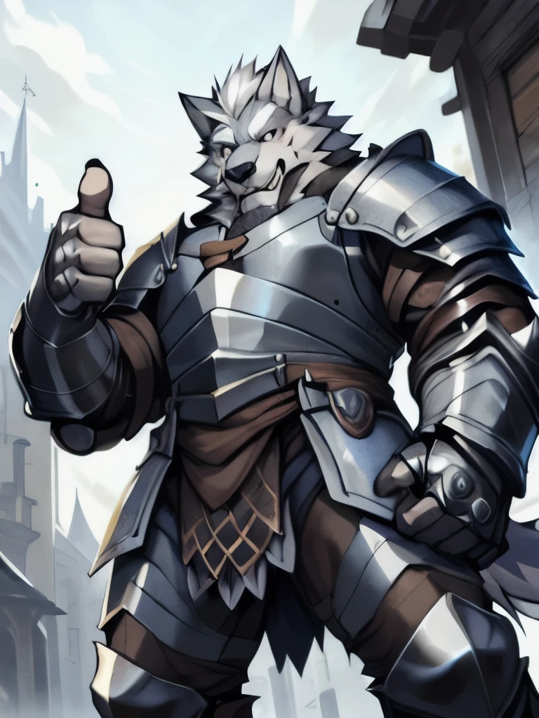 ultra-detailed, masterpiece, top quality, fantasy, medieval, from below, looking at viewer, anthro, alone, standing, fighting pose, full body, 1boy, male, old age, handsome, (open eyes:1.3), fang, gray body, wolf ears, wolf boy, facial hair, thick eyebrows, white hair, (heavy armor:1.4), full plate armor, armor, black gloves, thumbs up, (by null-ghost, by DRKS)