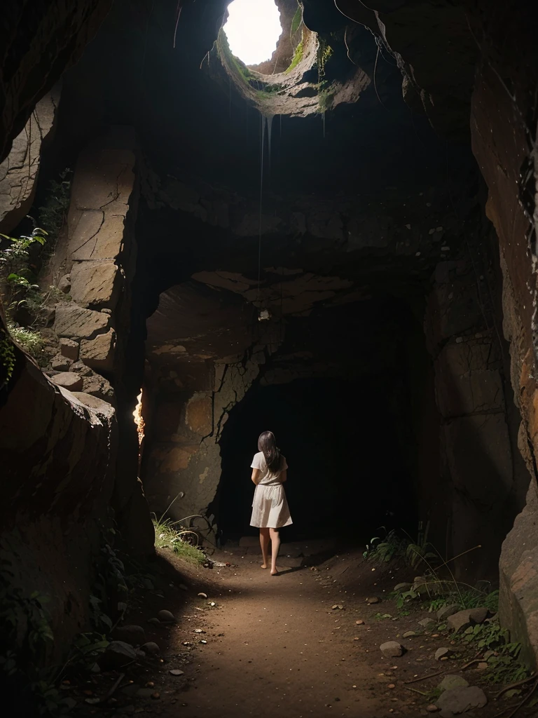 the cave that the explorers are investigating:
The cave is located in a remote and steep mountain range, hidden among dense forests. The entrance is narrow and dark, with imposing rocks on both sides that seem to guard the access. As you enter, the space gradually opens up, revealing large chambers with raised ceilings.
The limestone rock walls are covered in mineral formations that glow dimly, as if the cave housed its own light source. The ground is full of stalactites and stalagmites, some as tall as trees. An underground stream flows through the cave, generating the constant sound of flowing water.
As the explorers go deeper, they encounter increasingly intricate and narrow passages, forcing them to climb, descend, and avoid obstacles. In some places, the cave divides into multiple tunnels that fade into darkness, tempting adventurers to explore further.
The air is cold and damp, and the echo amplifies every sound, creating an atmosphere of mystery and anticipation. Explorers must maintain constant vigilance, alert for any danger hidden in the shadows of this ancient and enigmatic underground space. 20 years old, a barefoot girl