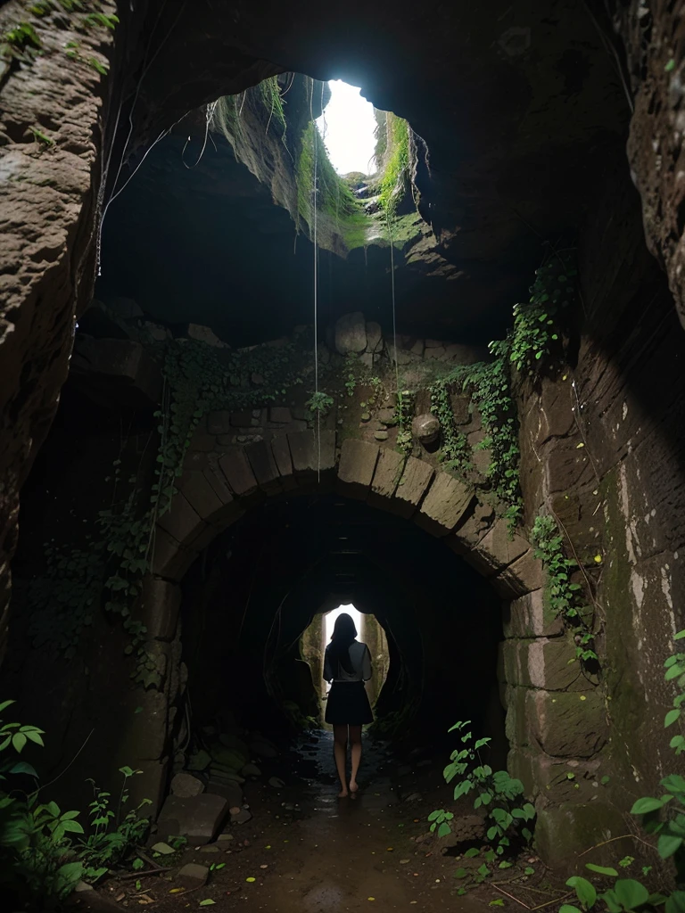 the cave that the explorers are investigating:
The cave is located in a remote and steep mountain range, hidden among dense forests. The entrance is narrow and dark, with imposing rocks on both sides that seem to guard the access. As you enter, the space gradually opens up, revealing large chambers with raised ceilings.
The limestone rock walls are covered in mineral formations that glow dimly, as if the cave housed its own light source. The ground is full of stalactites and stalagmites, some as tall as trees. An underground stream flows through the cave, generating the constant sound of flowing water.
As the explorers go deeper, they encounter increasingly intricate and narrow passages, forcing them to climb, descend, and avoid obstacles. In some places, the cave divides into multiple tunnels that fade into darkness, tempting adventurers to explore further.
The air is cold and damp, and the echo amplifies every sound, creating an atmosphere of mystery and anticipation. Explorers must maintain constant vigilance, alert for any danger hidden in the shadows of this ancient and enigmatic underground space. 20 years old, a barefoot girl