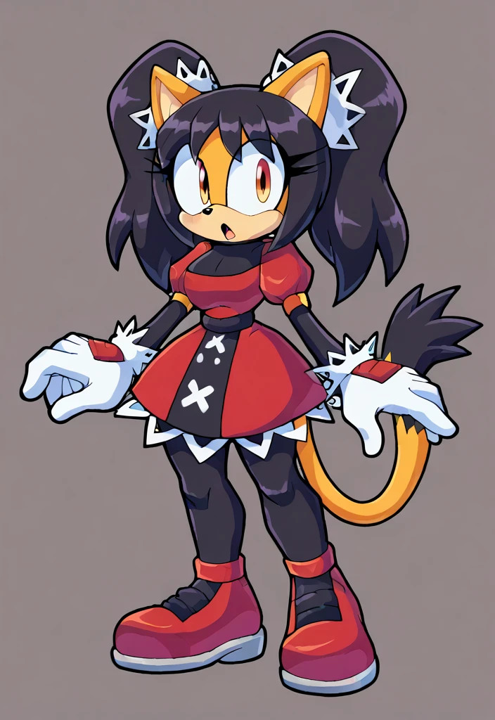 score_9, score_8_up, 2D, flat color, a plain white background with nothing in it, looking at viewer, 1girl, very detailed, extremely detailed, honey the cat from the sonic the hedgehog series, standing, full body, wide hips, narrow waist, curvy, red dress, frilly hair ties, shocked expression, open mout, open hands, wide eyes