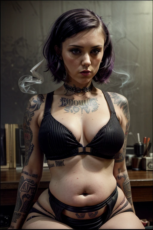 35mm photo of an attractive woman, looking at viewer, sitting, tattoo artist, punk/goth, tattoos, ((smoking cigarette)), (midriff, bloated belly, big belly), (huge hips:1.6), short hair, old vintage movie scene, grainy film, vintage film, small cleavage, dim lighting, film grain, movie still, movie screenshot, studio