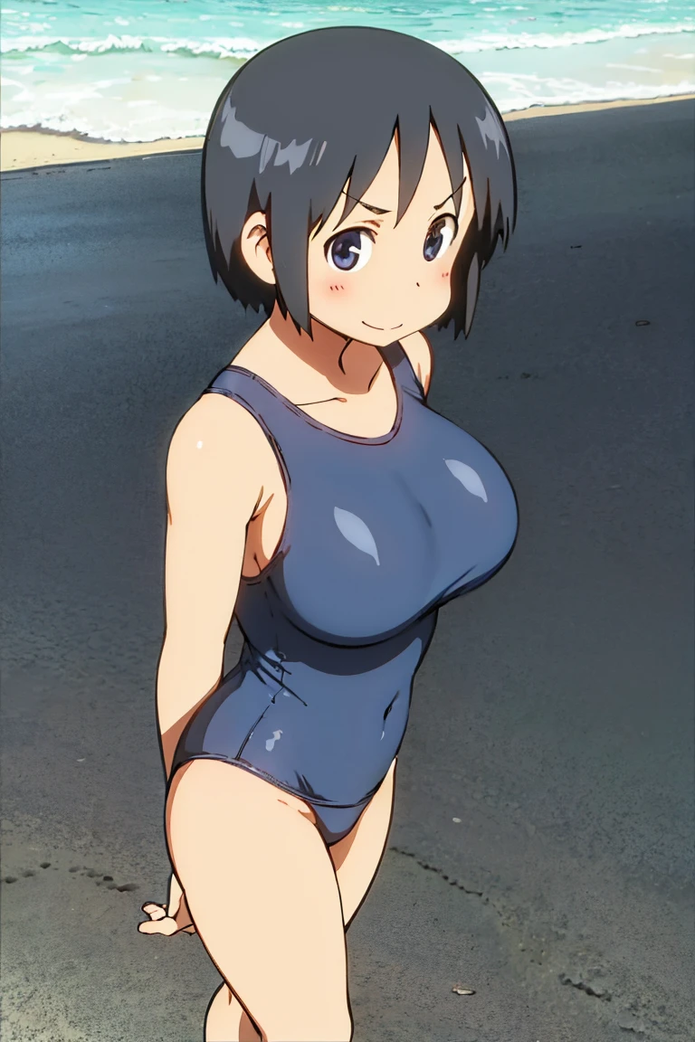 Kyoto animation, female, short hair, middle parted hairstyle, black hair, dark blue eye, cute face, thick eyebrows, big breast, sexy butt, slim body, sexy thigs, closed swimsuit, beach, sweet smile, 90s style, 