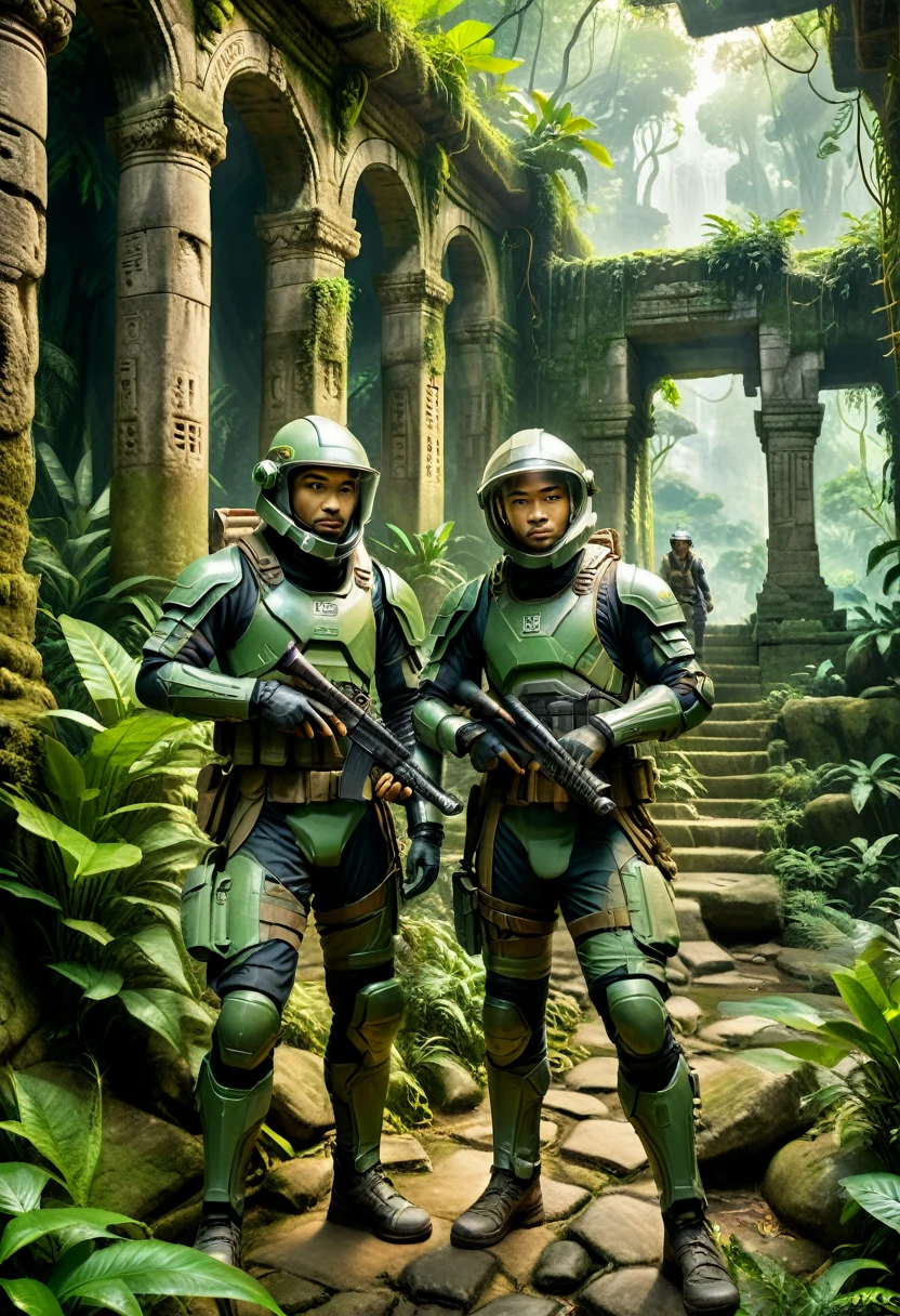 The style is realistic, and Asian archaeologists wearing lightweight and tight combat suits are unraveling historical mysteries in the ancient civilization ruins covered in the jungle. The background is lush vegetation and mysterious buildings, and the camera is panoramic, creating an atmosphere of exploration, (masterpiece, best quality, Professional, perfect composition, very aesthetic, absurdres, ultra-detailed, intricate details:1.3)