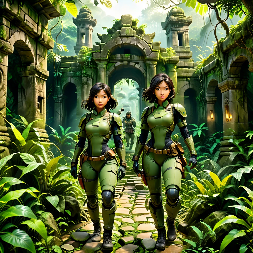 The style is realistic, and Asian archaeologists wearing lightweight and tight combat suits are unraveling historical mysteries in the ancient civilization ruins covered in the jungle. The background is lush vegetation and mysterious buildings, and the camera is panoramic, creating an atmosphere of exploration, (masterpiece, best quality, Professional, perfect composition, very aesthetic, absurdres, ultra-detailed, intricate details:1.3)