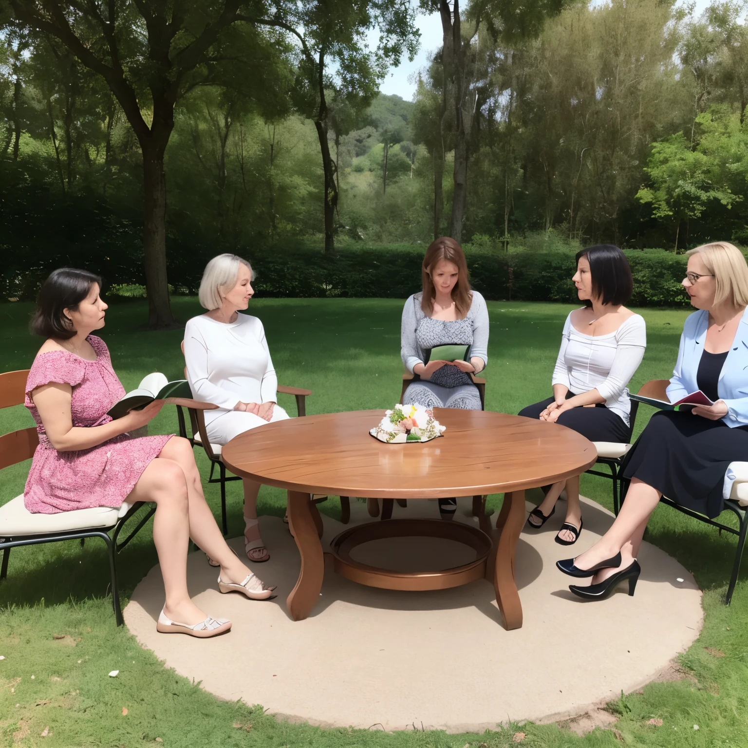 (group of women of middle age gather in circle to read and talk), ((Portuguese, Portugal style)), ((best quality)), (masterpiece), ((detailed)), (HD 4k)