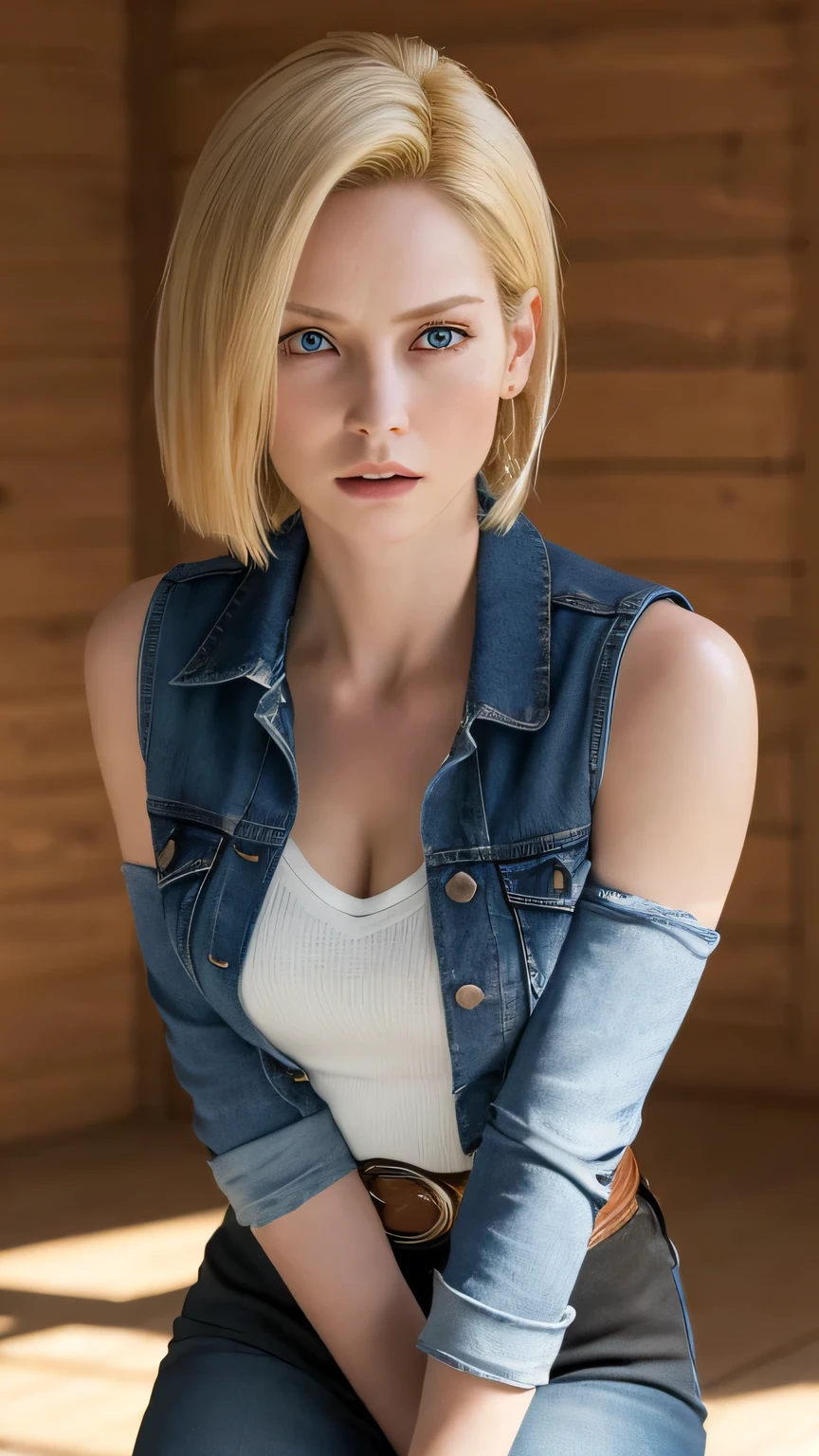 A highly detailed and ultra-realistic 8K rendering of Android 18 from Dragon Ball, depicted as a Japanese woman in a live-action style. She has strikingly beautiful features, with flawless, fair skin and piercing blue eyes that reflect light realistically. Her blonde hair is sleek, shoulder-length, and styled exactly like Android 18's, finely textured and framing her perfect face. She is wearing a black, form-fitting sleeveless top that reveals her chest area, paired with a short blue denim jacket, a blue denim skirt, black leggings, and brown boots, all rendered with realistic fabric textures. The outfit is complemented with a brown belt and fingerless gloves. Her expression is serious and determined, showcasing her strong and confident personality. The background is a dynamic action scene, with realistic lighting and shadow effects adding intensity and movement to the composition. High-quality, masterpiece, professional artwork, famous character, clean and perfect details, best quality.Very short skirt、It has long sleeves and a black striped pattern on a white base.