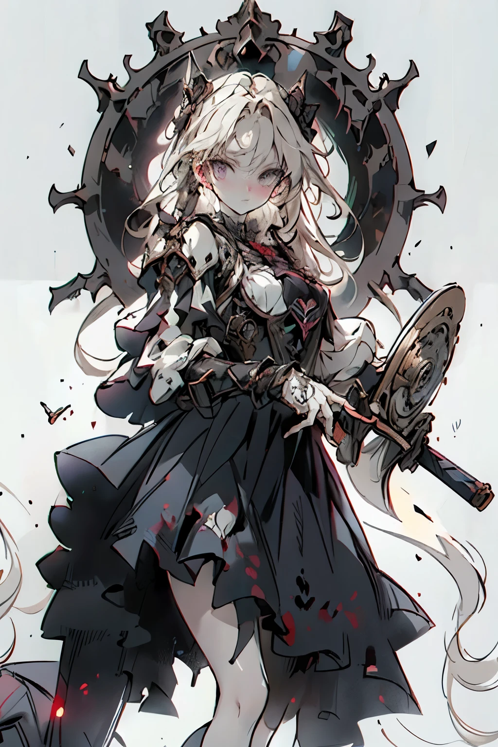 ((best quality)), ((masterpiece)), (detailed), perfect face ((best quality)), ((masterpiece)), (detailed), blank white background, plain background, white background, Bloodborne inspired,  occult aesthetic, occult, detailed and intricate steampunk and detailed gothic, (zentangle, mandala, tangle, entangle),  NSFW, torn clothing, Very dramatic and cinematic lighting, cosmic horror, grim-dark, side-lighting, perfect face, a beautiful goddess adorned and enshrined in armour, Bloodborne inspired , occult aesthetic , occult , detailed and intricate steampunk and detailed gothic , wielding a sword and holding a shield, NSFW, Fluttering lace flared short dress with frilly petticoats, knee length dress, pleated petticoats, lolita dress, petticoats gothic lolita, side-lighting, gothic lolita aesthetic, beautiful small breasts, small breasts, full body, whole body, body, plain background, white background, blank background, no background, white background NSFW, full body, whole body, head-to-toe