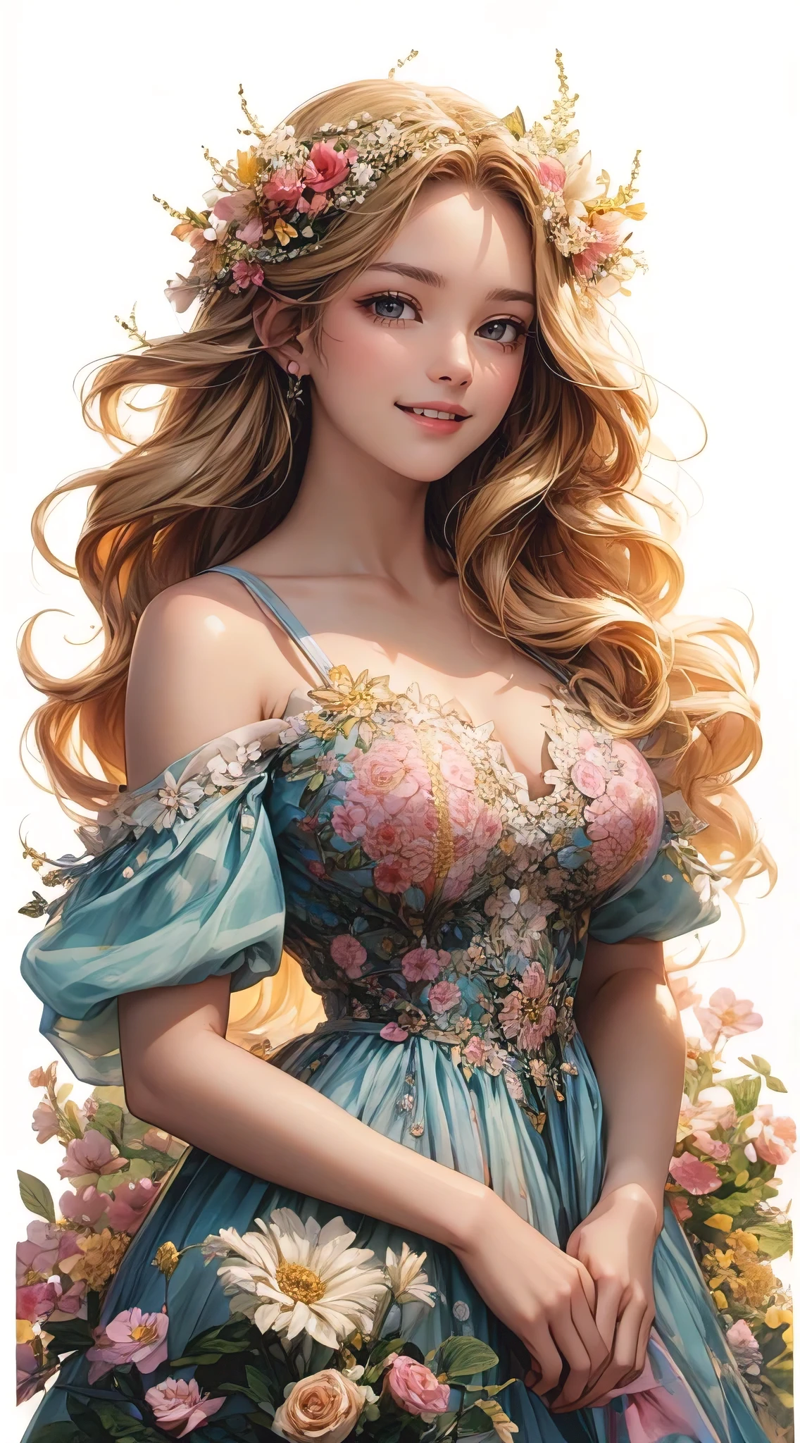 A stunning portrait of a beautiful woman, embodying the essence of summer. She has long wavy blonde hair adorned with a delicate floral crown, and her skin glows with a sun-kissed radiance. The woman is dressed in a flowing, pastel-colored dress that blends seamlessly with the vibrant summer flowers surrounding her. Her eyes sparkle with the warmth and joy of the season, and her smile is as radiant as the sun.