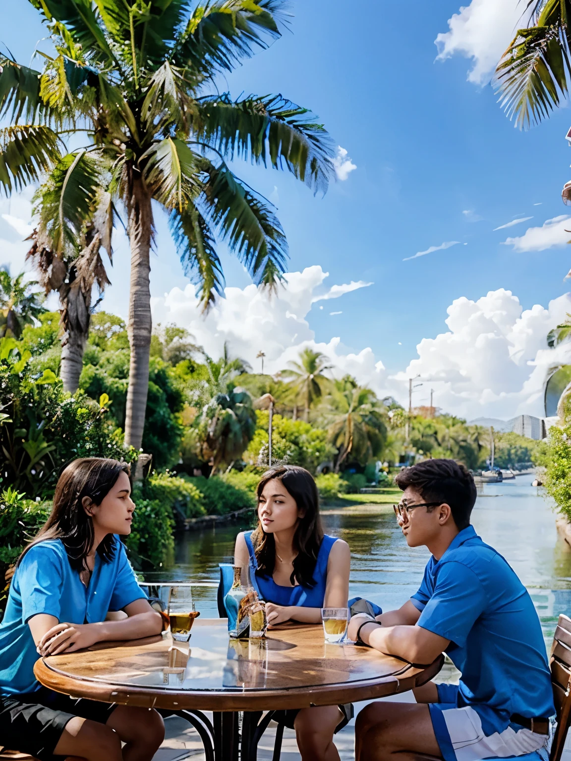 Create an image with three people drinking in a relaxed atmosphere. One of the people is a man with short hair, wearing a blue shirt, and the other is a woman with long hair, wearing a red dress, and the other is a teenage male with short hair. They are sitting at an outdoor table, glasses in hand, on a sunny day. The background scenery shows an oasis with several palm trees and coconut trees with a river in the background.