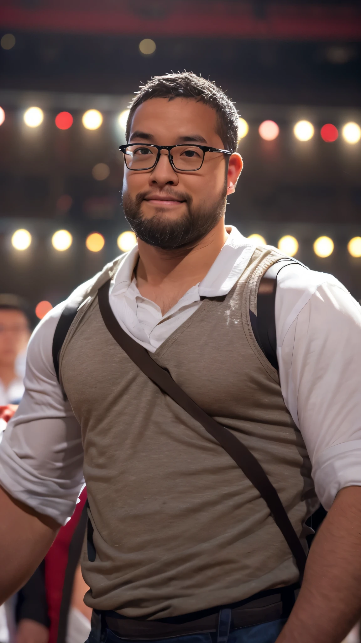 An award-winning original photo, a handsome 35-year-old man, crew cut, (((full body))), mature man, [slightly fat], asian, (((white skin))), brown eyes, glasses, (((balding))), 1boy, Solo, (big shoulder), stubbles, (Short beard), Dynamic Angle, volumetric lighting, (Best quality, A high resolution, Photorealistic), Cinematic lighting, Masterpiece, RAW photo, Intricate details, hdr, depth of field, landscape, high school musical, musical theater, drama, theatricalize, in the big stage,