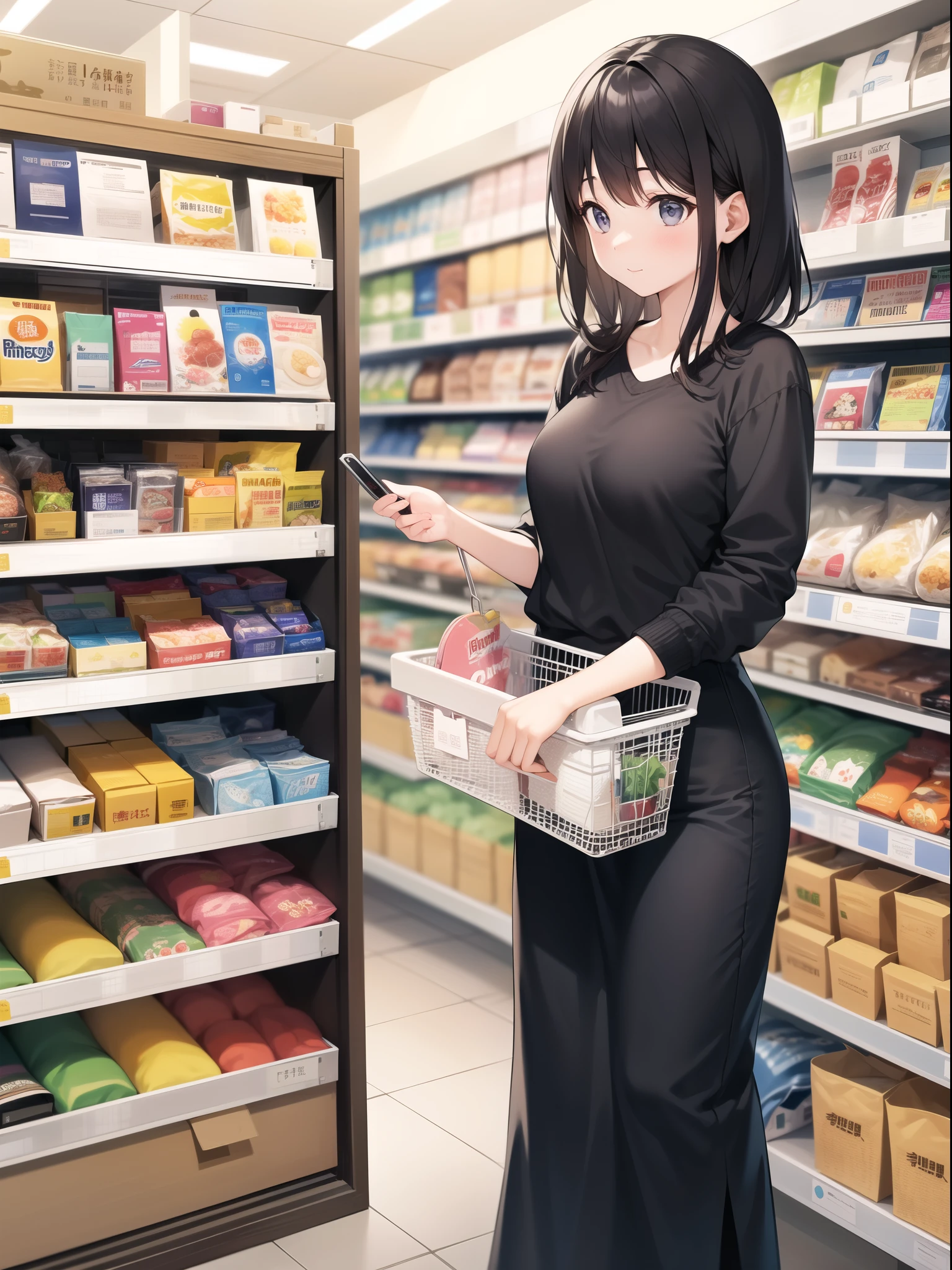 Inside a bright convenience store、A young woman is looking at products on the shelf。There are various products on the shelves、The store is clean and tidy。A woman with a shopping basket、Casually dressed and relaxed。Depicts everyday shopping scenes at a convenience store。