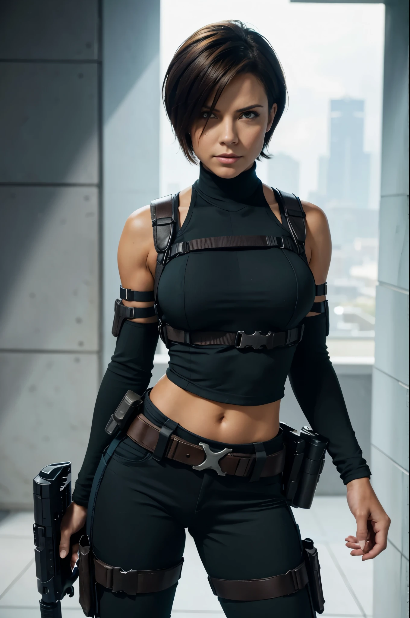 Resident evil girl latina skin, very short shaved pixie hair, with holster, black clothes, tactical holster, and holding a gunner, angry busty, [Victoria Beckham],[[KateBeckinsale]],[[[Jenna Coleman]]],[[[Tricia Helfer]]], green eyes, busty, sporty, 
