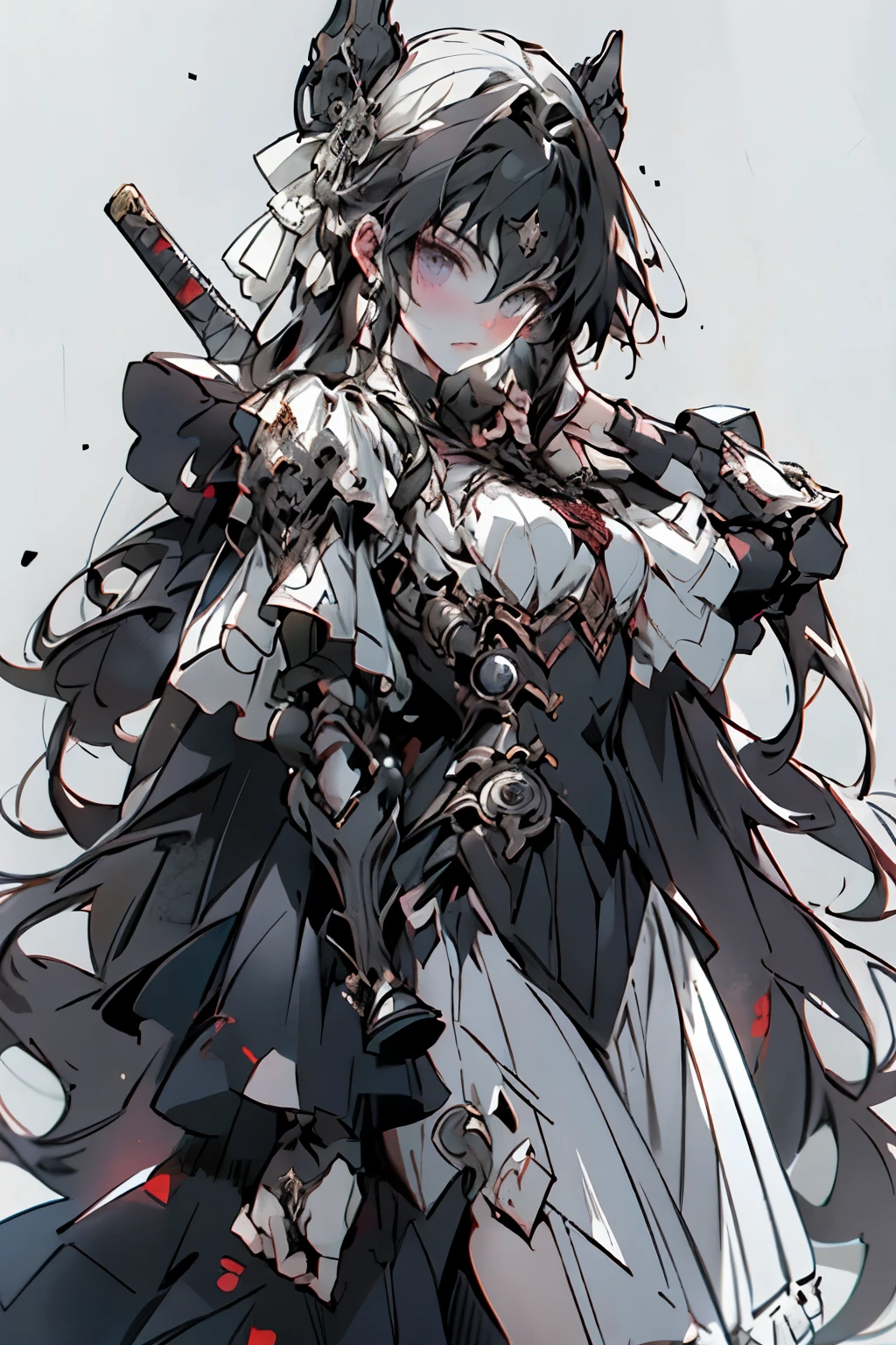 ((best quality)), ((masterpiece)), (detailed), blank white background, plain background, white background, Bloodborne inspired,  occult aesthetic, occult, detailed and intricate steampunk and detailed gothic, (zentangle, mandala, tangle, entangle),  NSFW, torn clothing, Very dramatic and cinematic lighting, cosmic horror, grim-dark, side-lighting, perfect face, a beautiful goddess adorned and enshrined in armour, Bloodborne inspired , occult aesthetic , occult , detailed and intricate steampunk and detailed gothic , wielding a sword and holding a shield, NSFW, Fluttering lace flared long knee length dress with frilly petticoats, knee length dress, pleated petticoats, lolita dress, petticoats gothic lolita, side-lighting, gothic lolita aesthetic, beautiful small breasts, small breasts, full body, whole body, body, plain background, white background, blank background, no background, white background NSFW, full body, whole body, head-to-toe