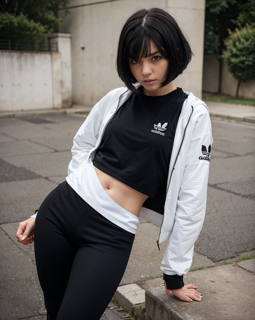 Little white girl with black bob hair, blasse Haut, keck , Sportjacke von Adidas, enge schwarze Leggings, runder Arsch, 